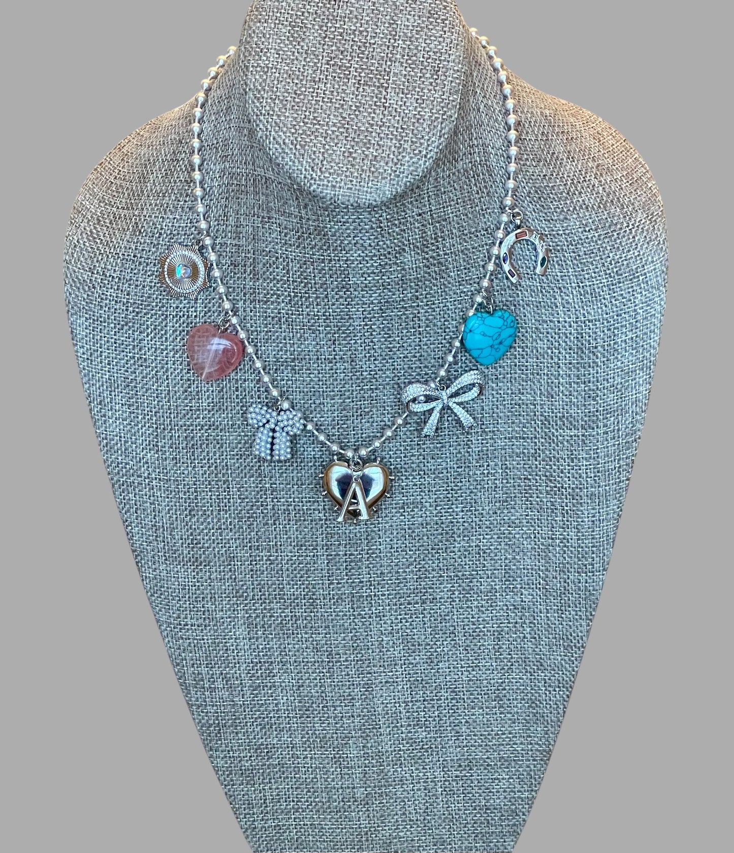 The Leslie Necklace: OOAK Silver ball chain with various silver charms and clasp