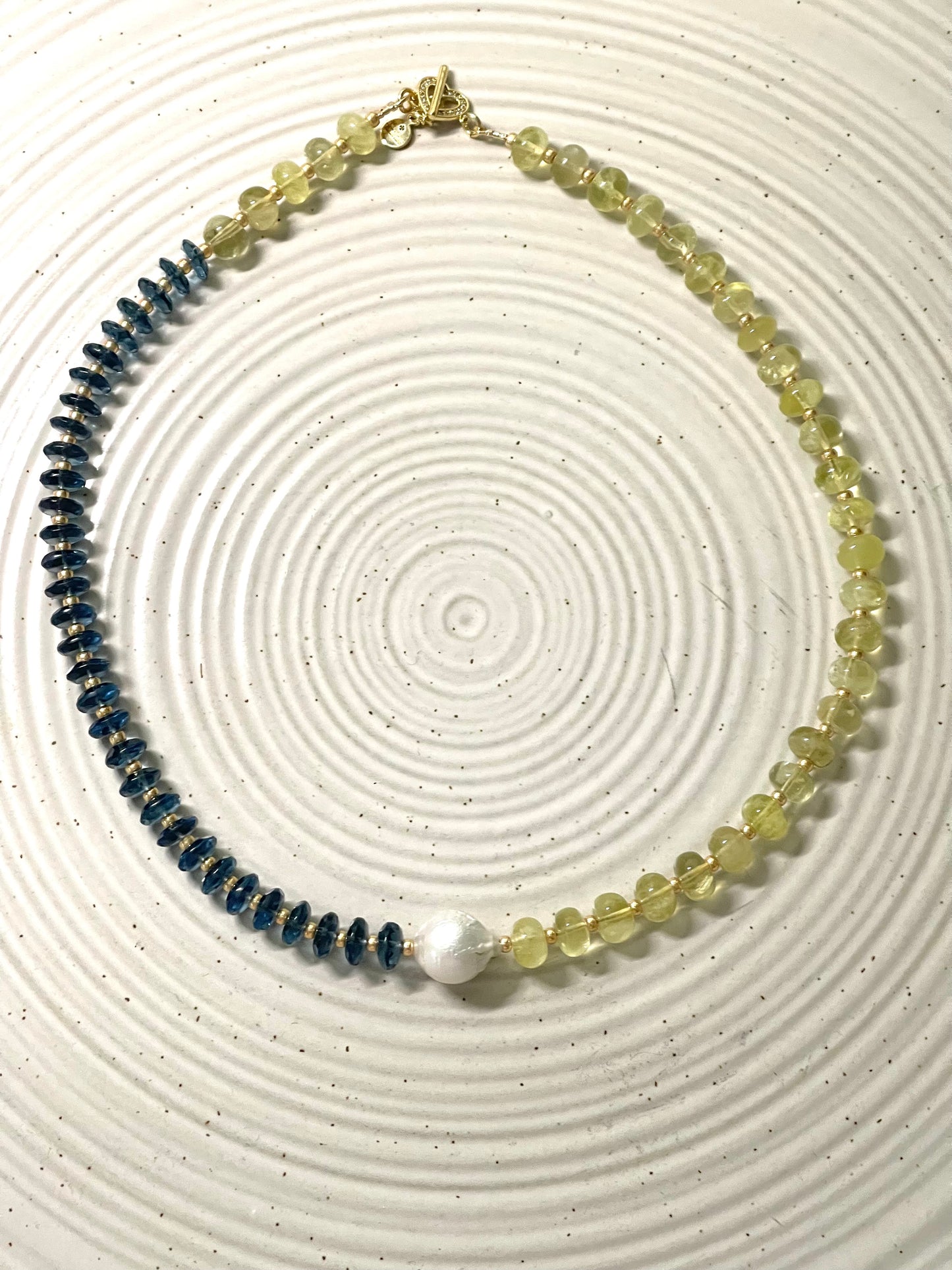 Lemon London Necklace: Lemon Quartz and London Blue Topaz Gemstone Beads Gold Accents Baroque Pearl Center OOAK