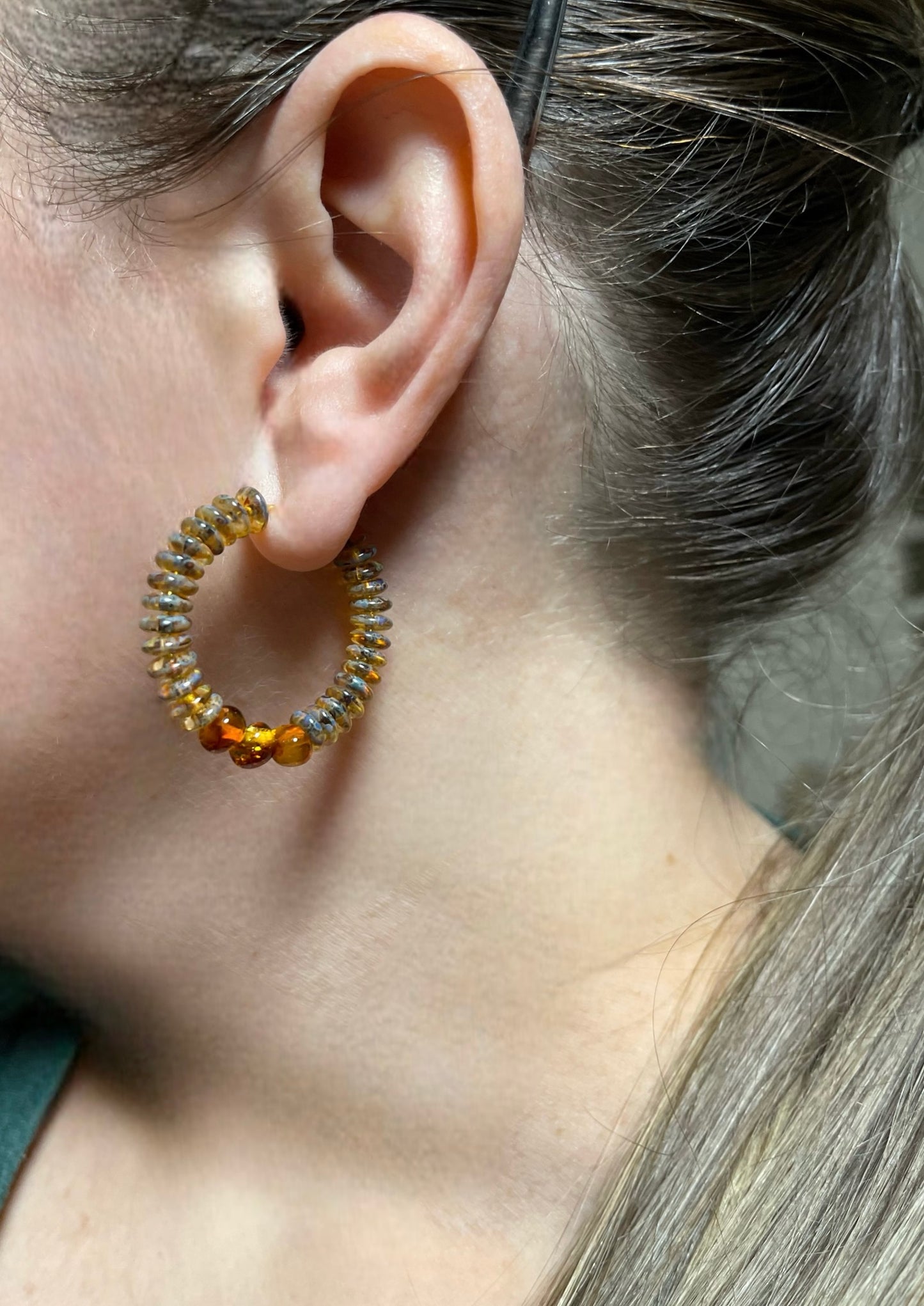 Baltic Amber Stone Earrings: Gold or Silver Hoop earrings with Czech Glass beads and Natural Baltic Stone