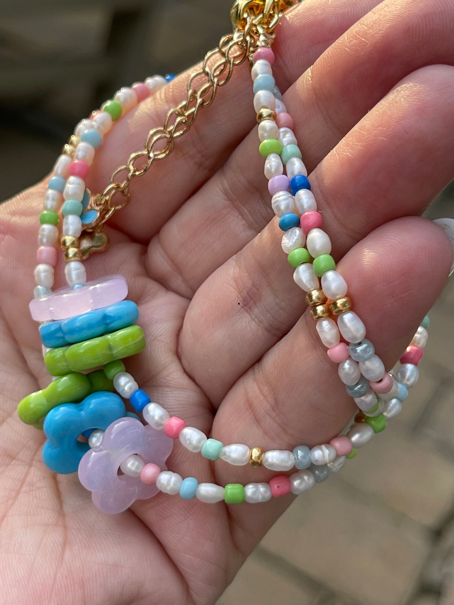 Candy Petals Necklace for Girls/Teens: Freshwater Pearls, Candy colored accents, Fun flower charms and gold clasp and extender