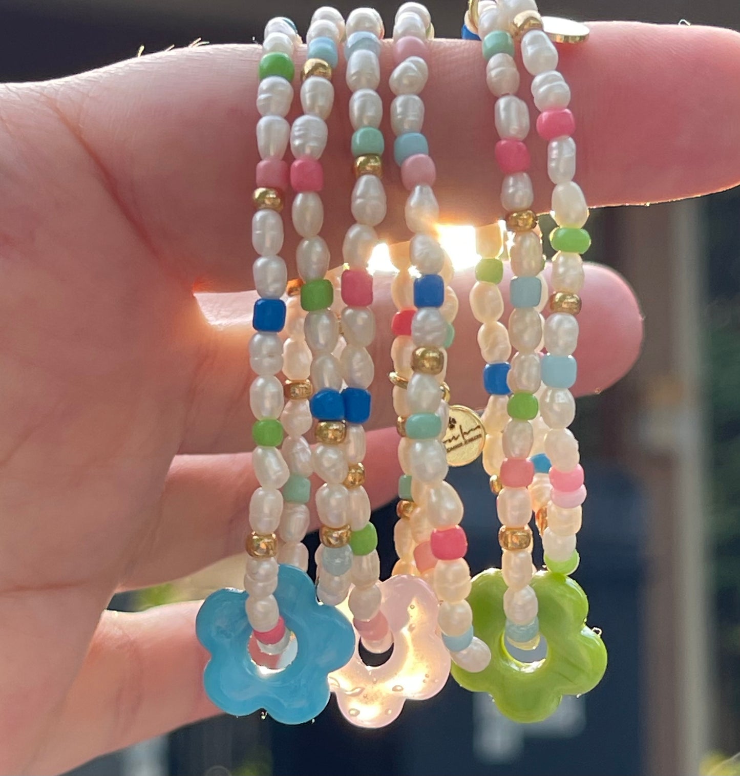 Candy Petals Bracelet Duo: Freshwater Pearls with candy colored accents 2 Stretch Bracelets Choose pink green or blue flower
