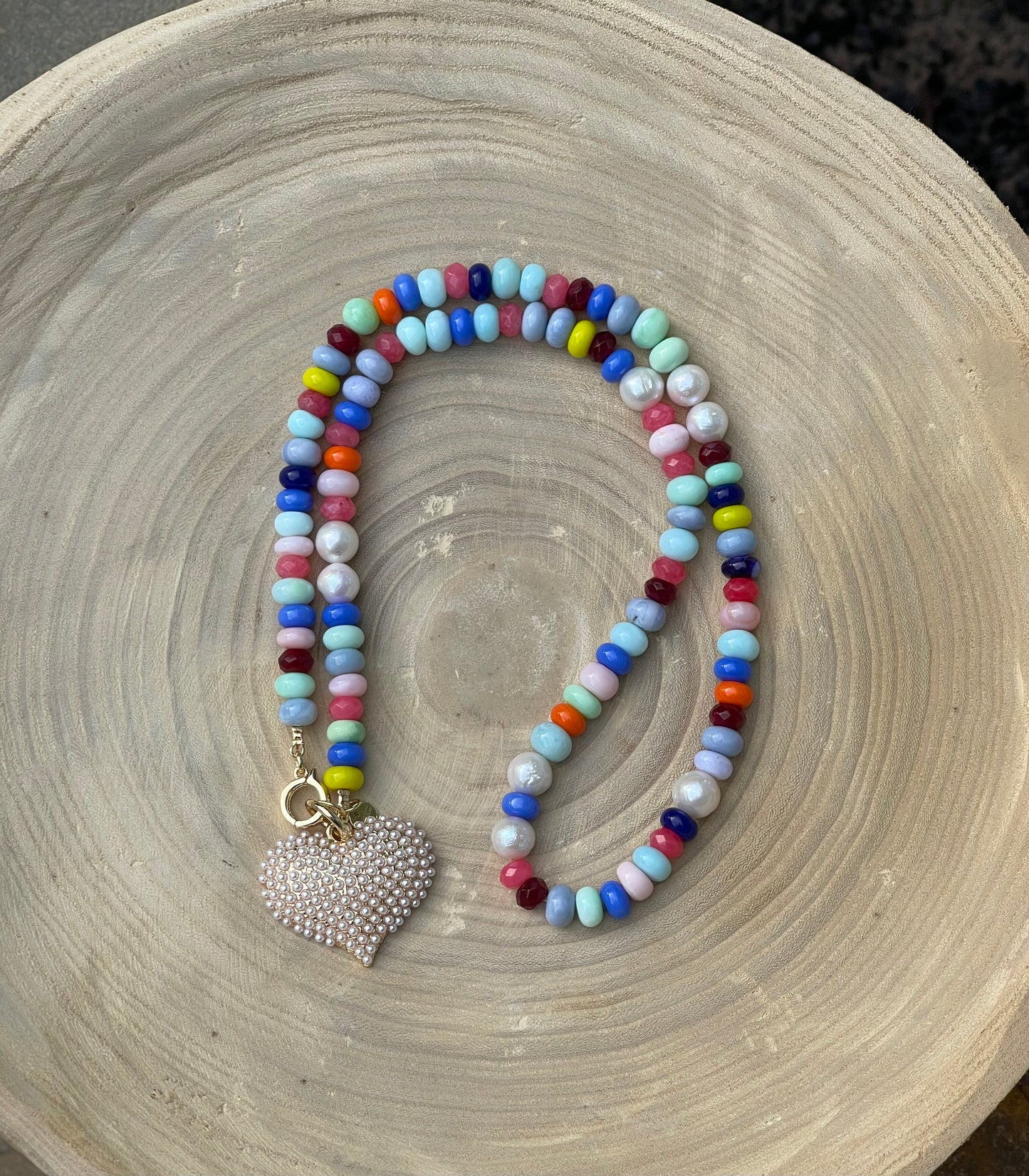 Multi Gemstone Pearl Pavé Heart Necklace: Multi gemstones, high quality round freshwaters pearls OOAK