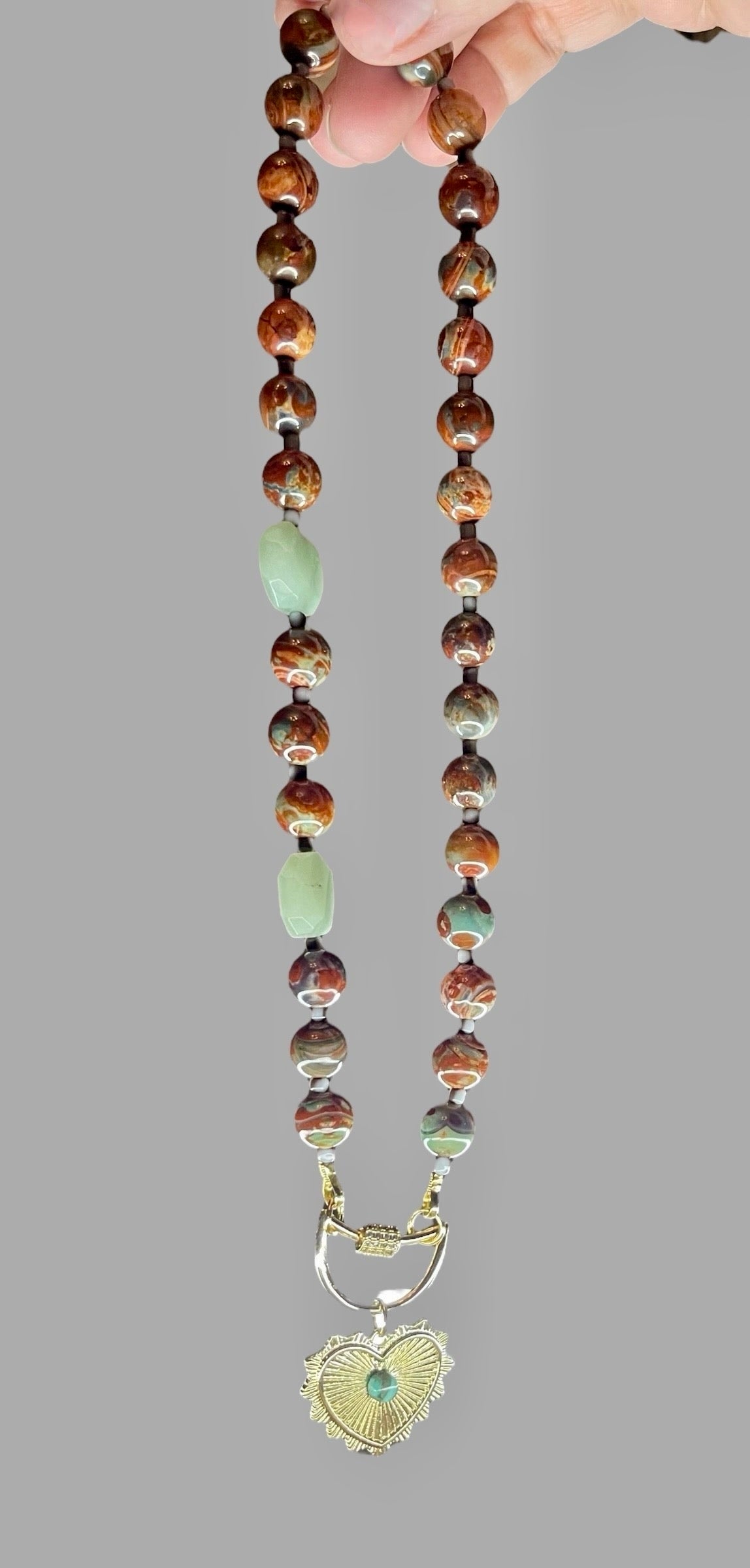 Heirloom Heart Necklace: Red Copper & Sage Agate beads with Green accent stones and a heart pendant