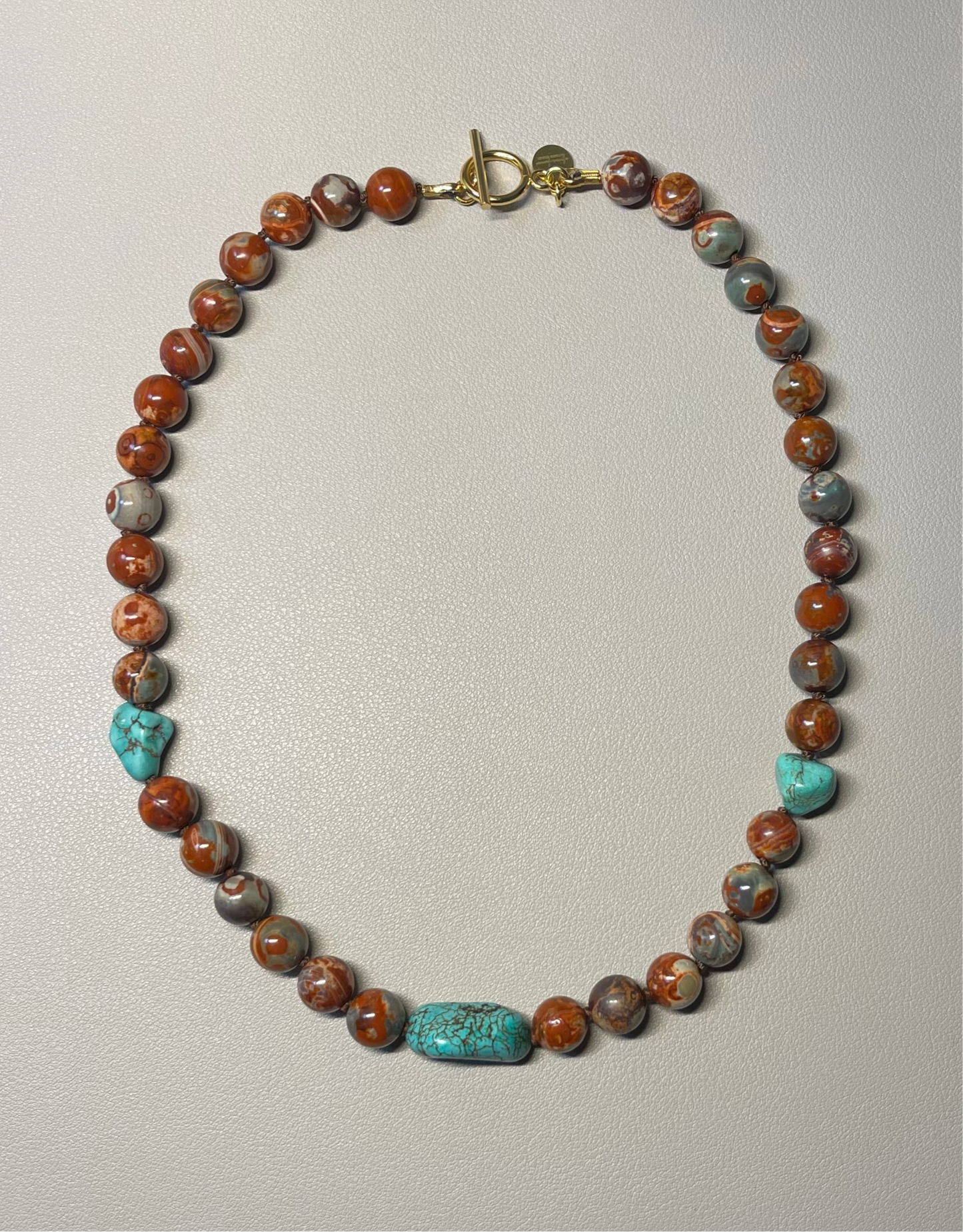 Red Copper & Turquoise Necklace: Hand knotted on brown silk, Natural Agate beads and rustic Turquoise, Gold Toggle clasp OOAK