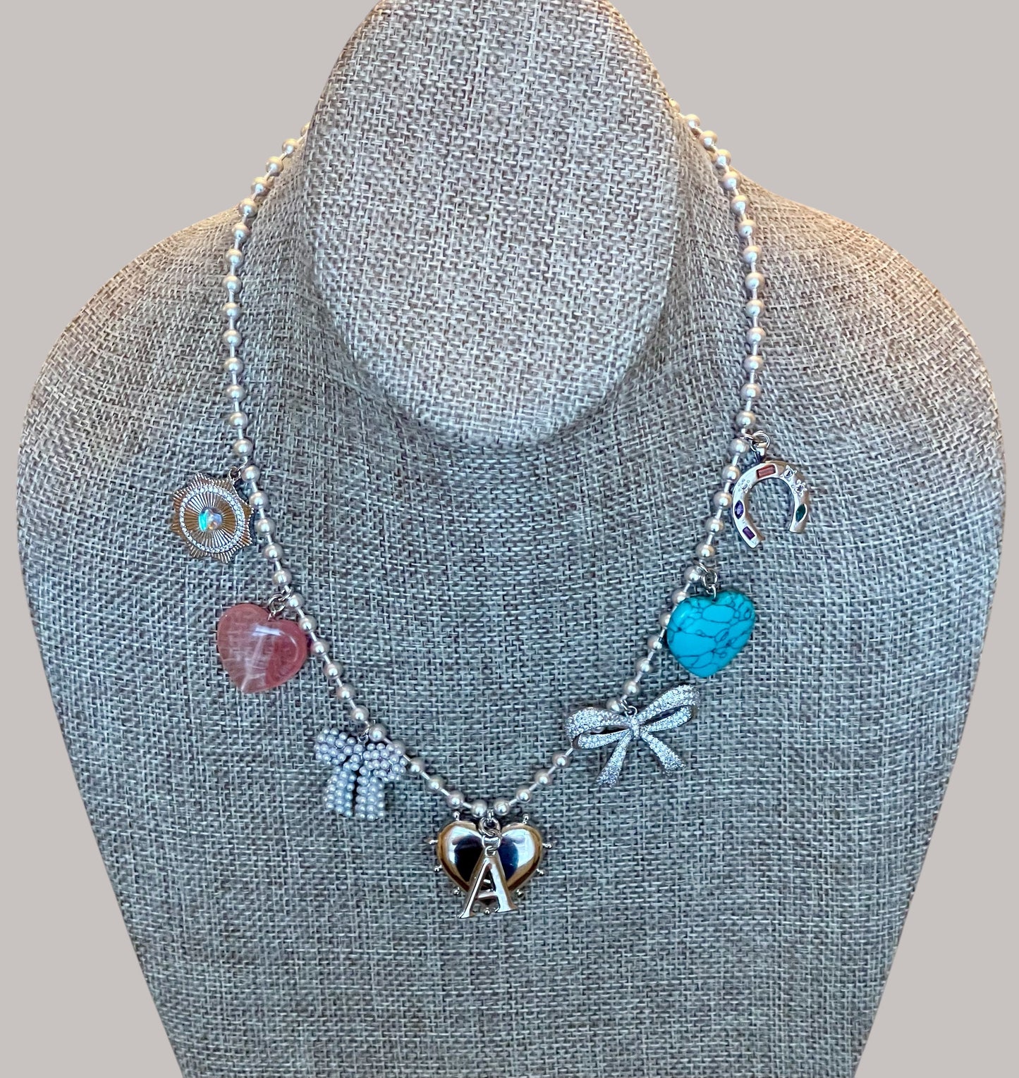 The Leslie Necklace: OOAK Silver ball chain with various silver charms and clasp