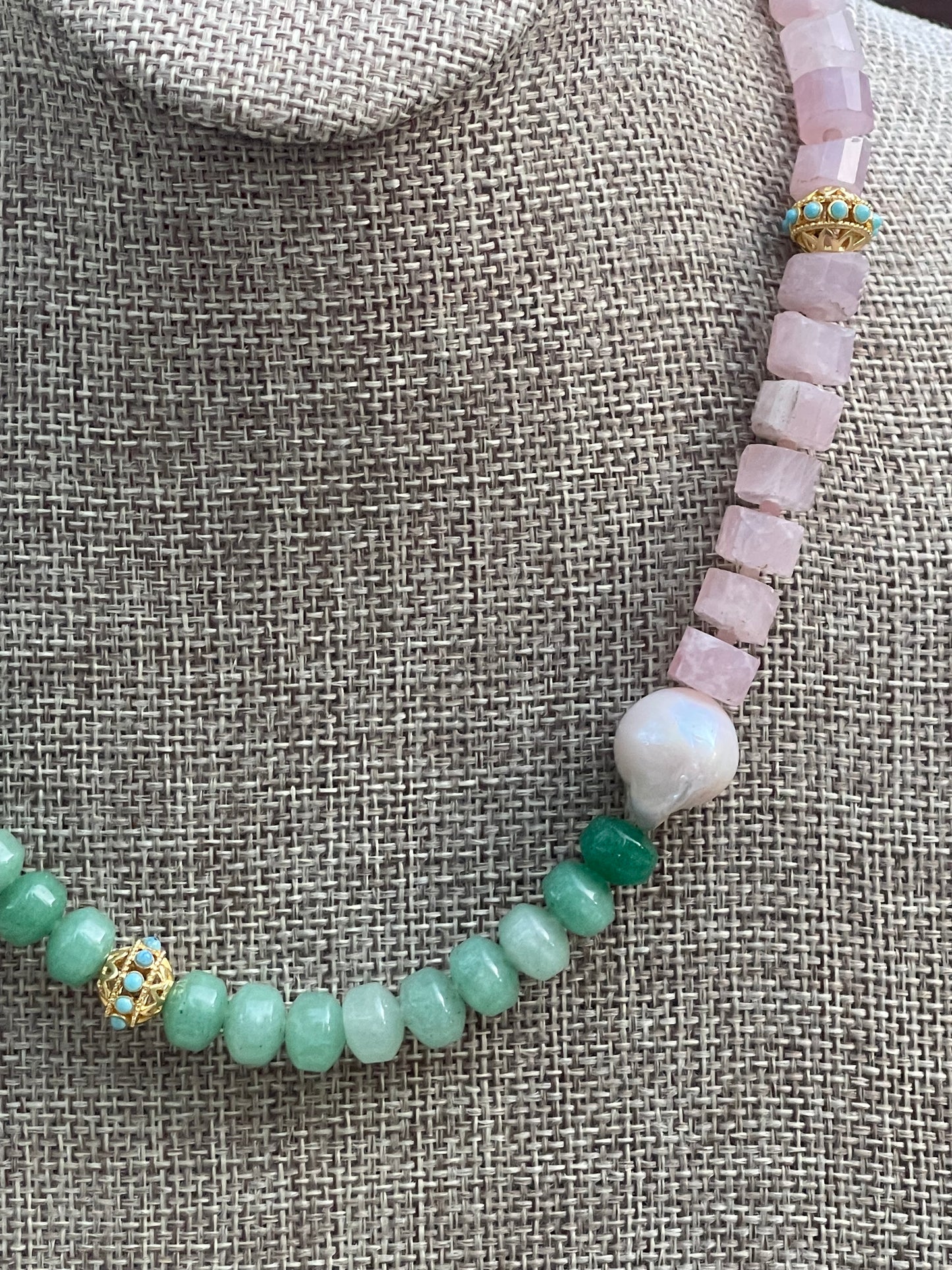 Garden Party OOAK Necklace: Green Aventurine, Rose Quartz, Genuine Baroque Pearl, Pop of Turquoise color in gold accent beads, Gold hook clasp
