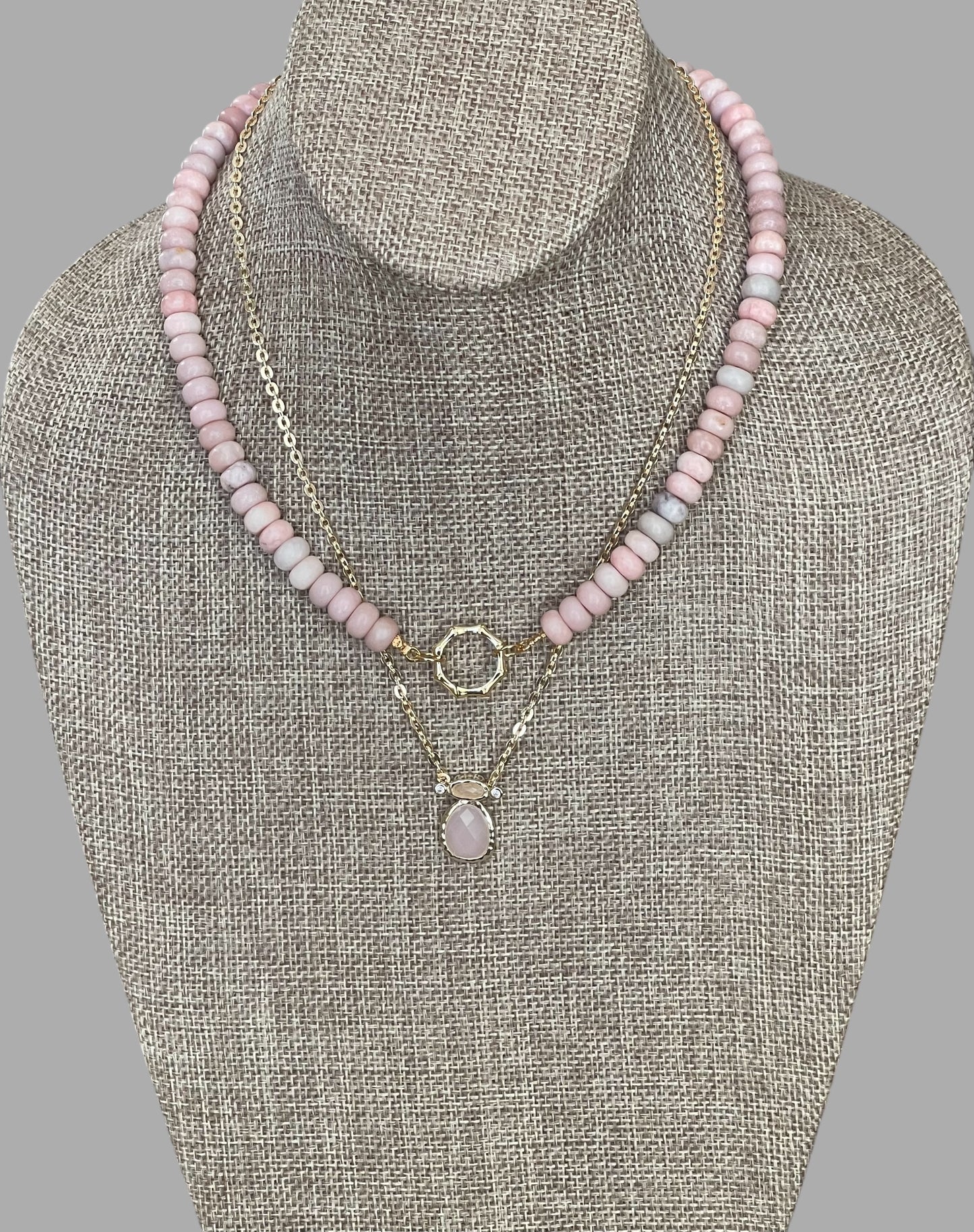 The Chic Pink Set: Matte pink opals with a gold charm holder clasp & a gold filled chain w a pink crystal and CZ charm OOAK