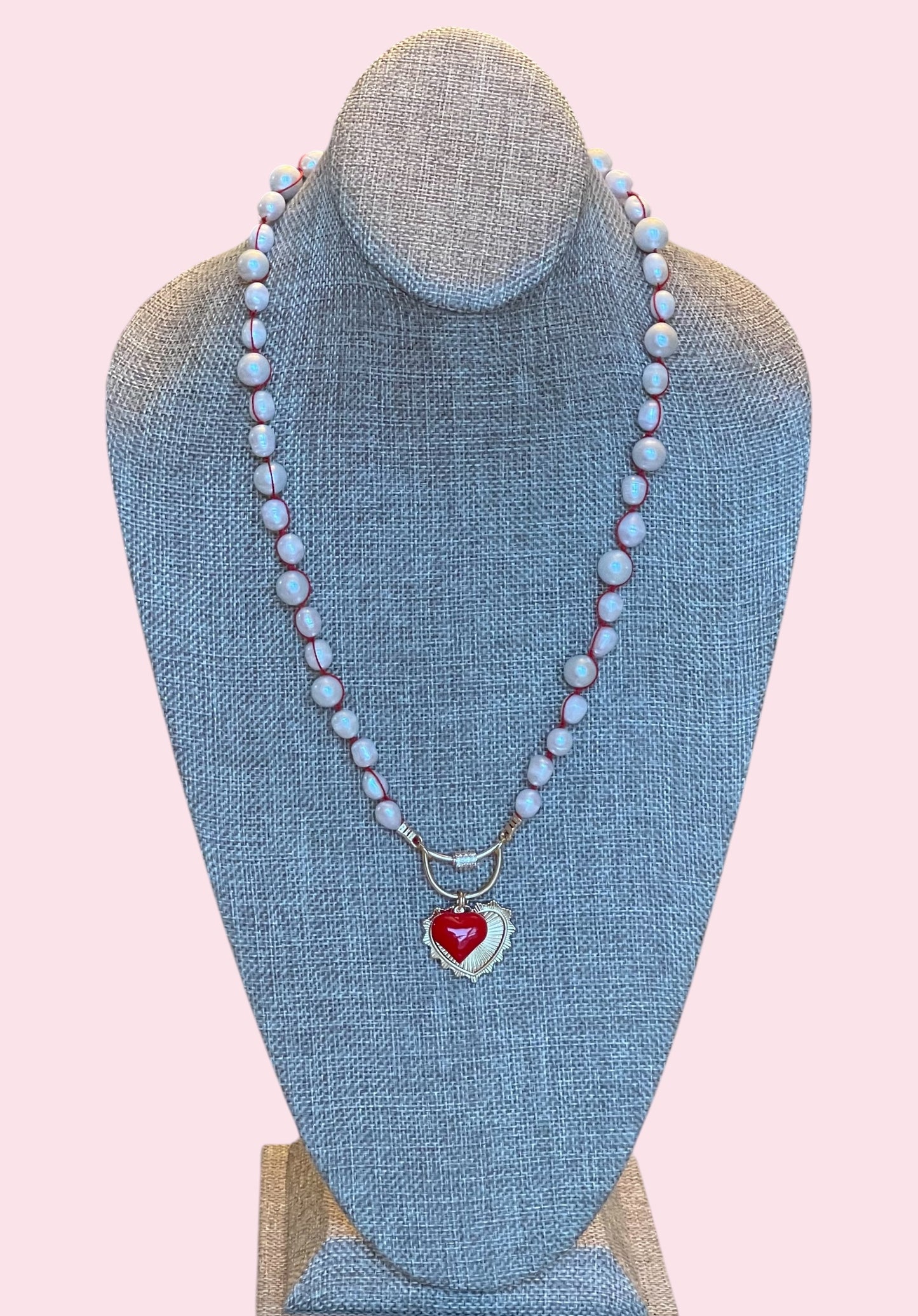 The Heartstrings Necklace: Luminous high quality freshwater pearls hand knotted on red silk w/ gold and red enameled heart charms, pavé accented clasp/charm holder OOAK