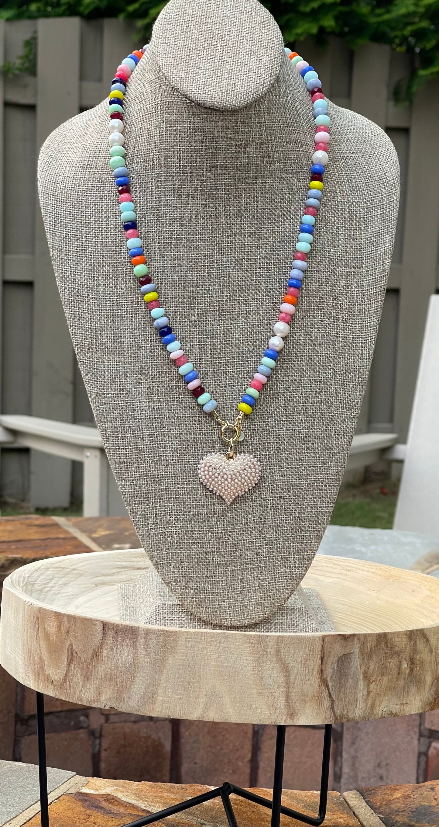 Multi Gemstone Pearl Pavé Heart Necklace: Multi gemstones, high quality round freshwaters pearls OOAK