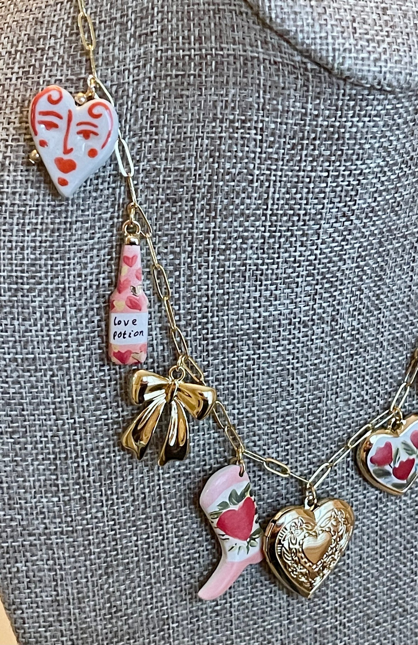 The Ashley Necklace: OOAK Tarnish resistant Paperclip chain with enameled, ceramic and gold plated charms