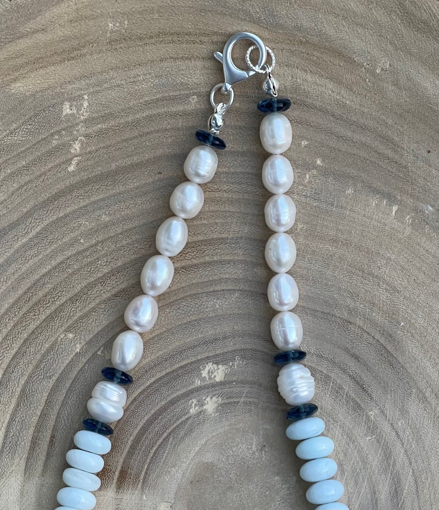 Coastal Charm Necklace OOAK: Pale blue opals AAA quality pearls London blue topaz Brushed silver clasp