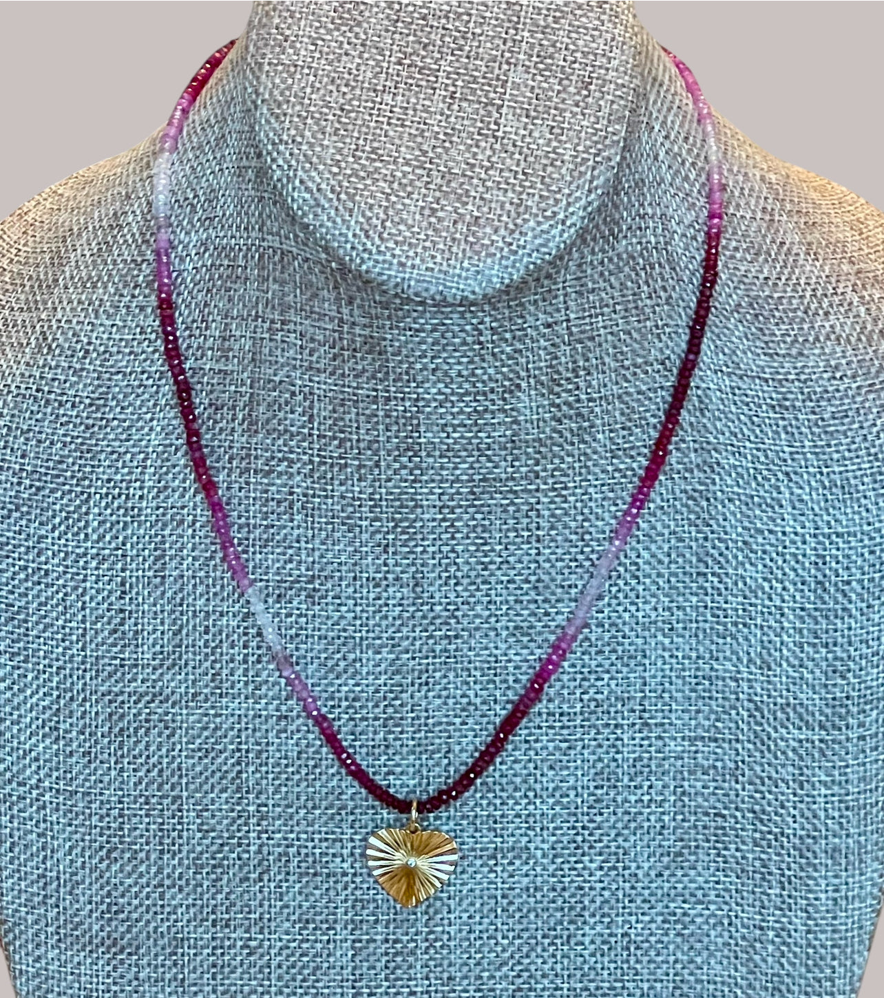 Gradient Ruby Necklace: Natural authentic Ruby gemstone necklace w/ gold heart charm and gold filled lobster clasp OOAK
