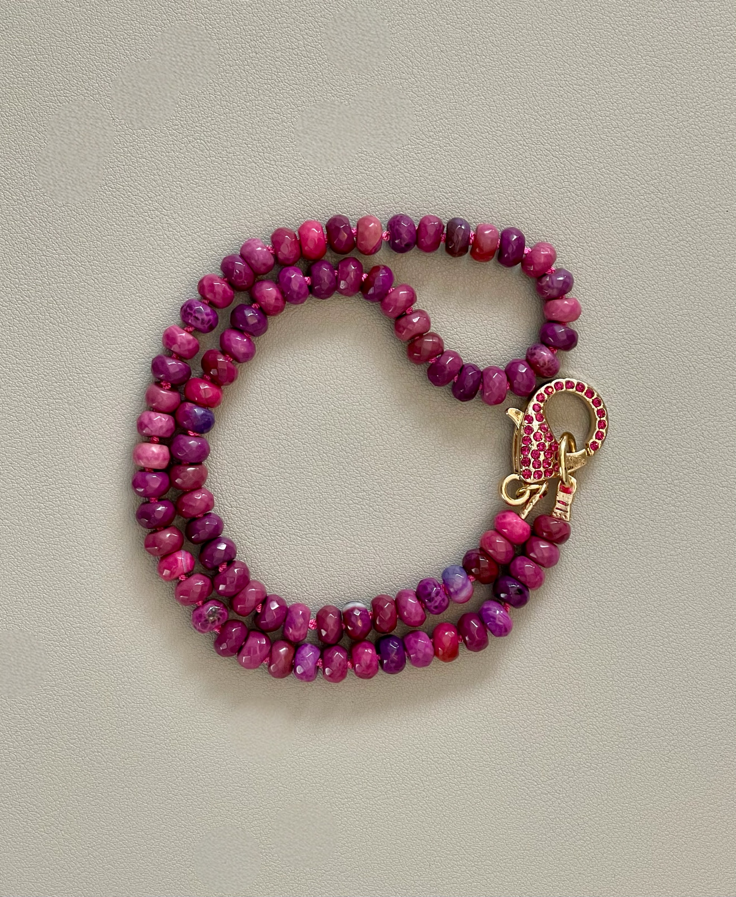 Cascadia Bloom Necklace: 2 Options- Dyed Agate faceted beads Hand knotted on silk, one w/ hot pink silk and hot pink pavé clasp and the other on purple silk w/ purple pavé clasp