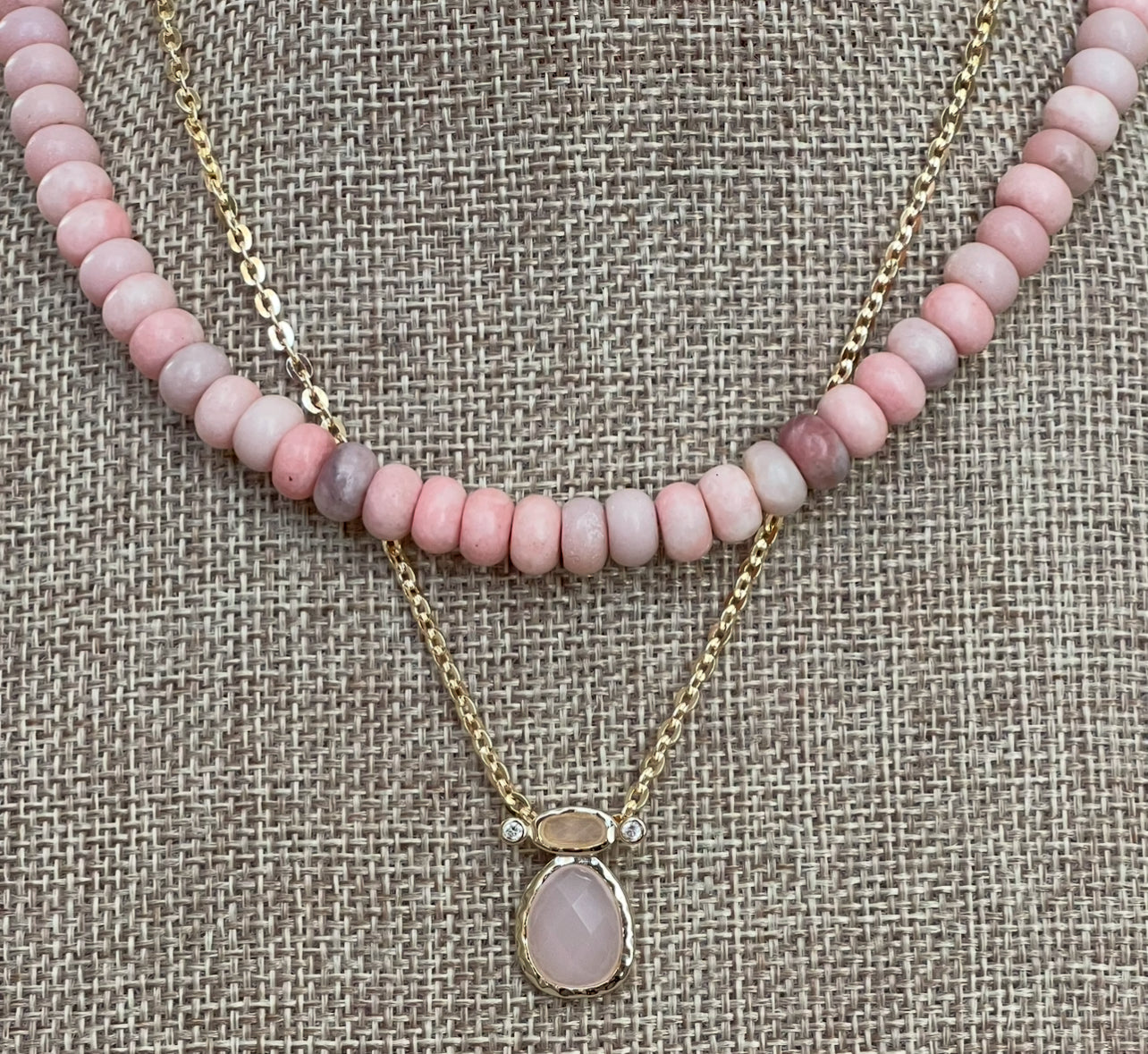 The Chic Pink Set: Matte pink opals with a gold charm holder clasp & a gold filled chain w a pink crystal and CZ charm OOAK