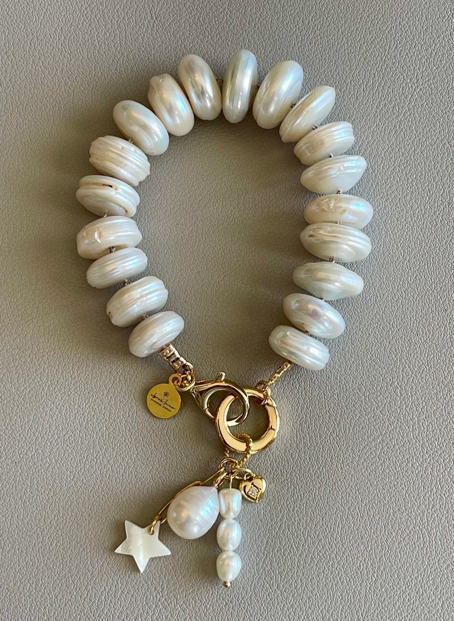 The Haven Bracelet: Coin shaped Pearls Hand-knotted on silk, Gold filled clasp/charm holder