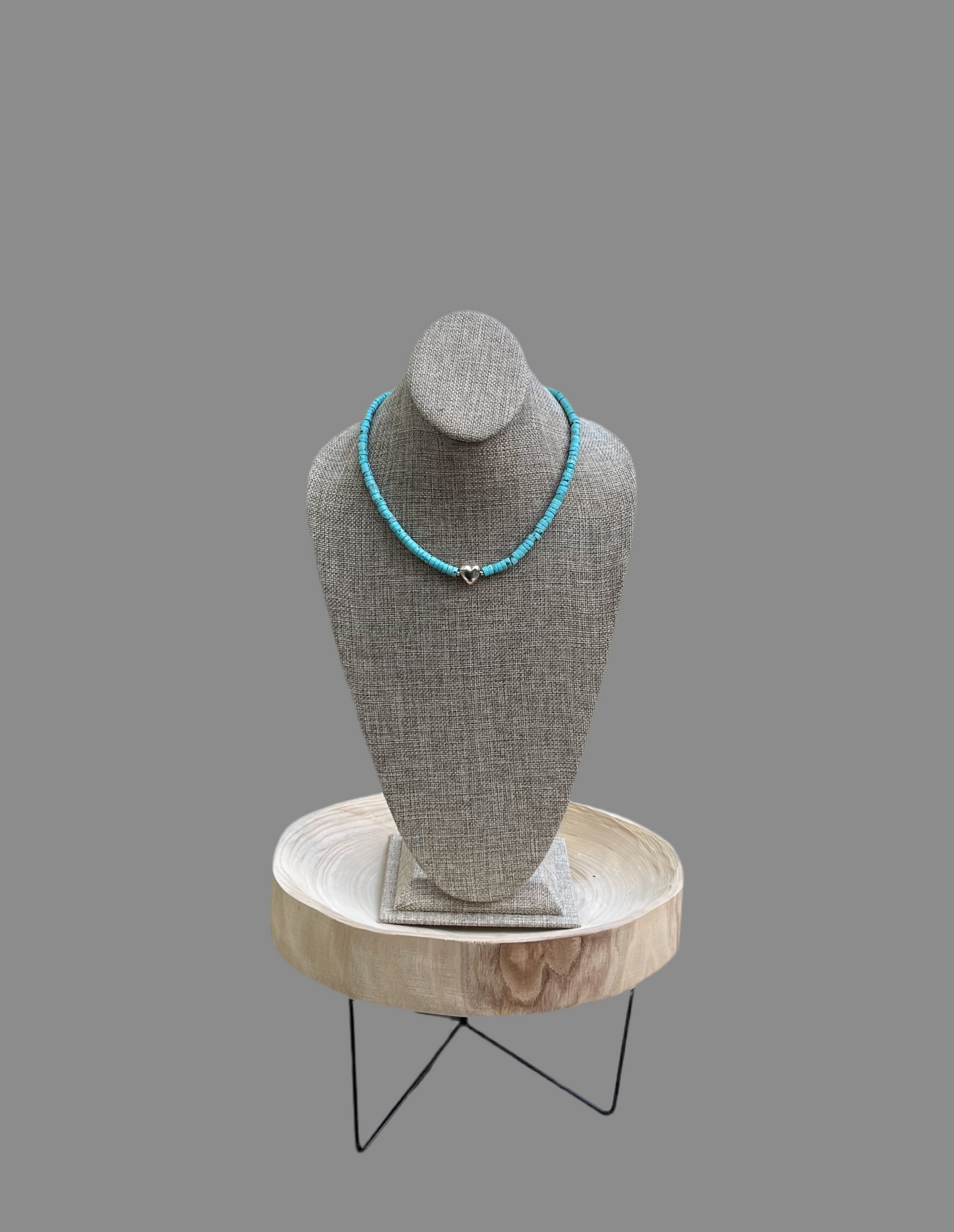 The Wynona Necklace: Stabilized Kingman Turquoise Heishi beads Sterling Silver center heart OOAK