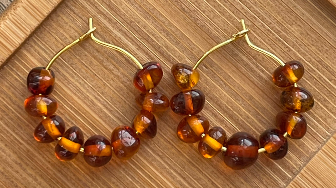 Amber Glow Earrings: Gold or Silver hoops with Baltic Amber Stones
