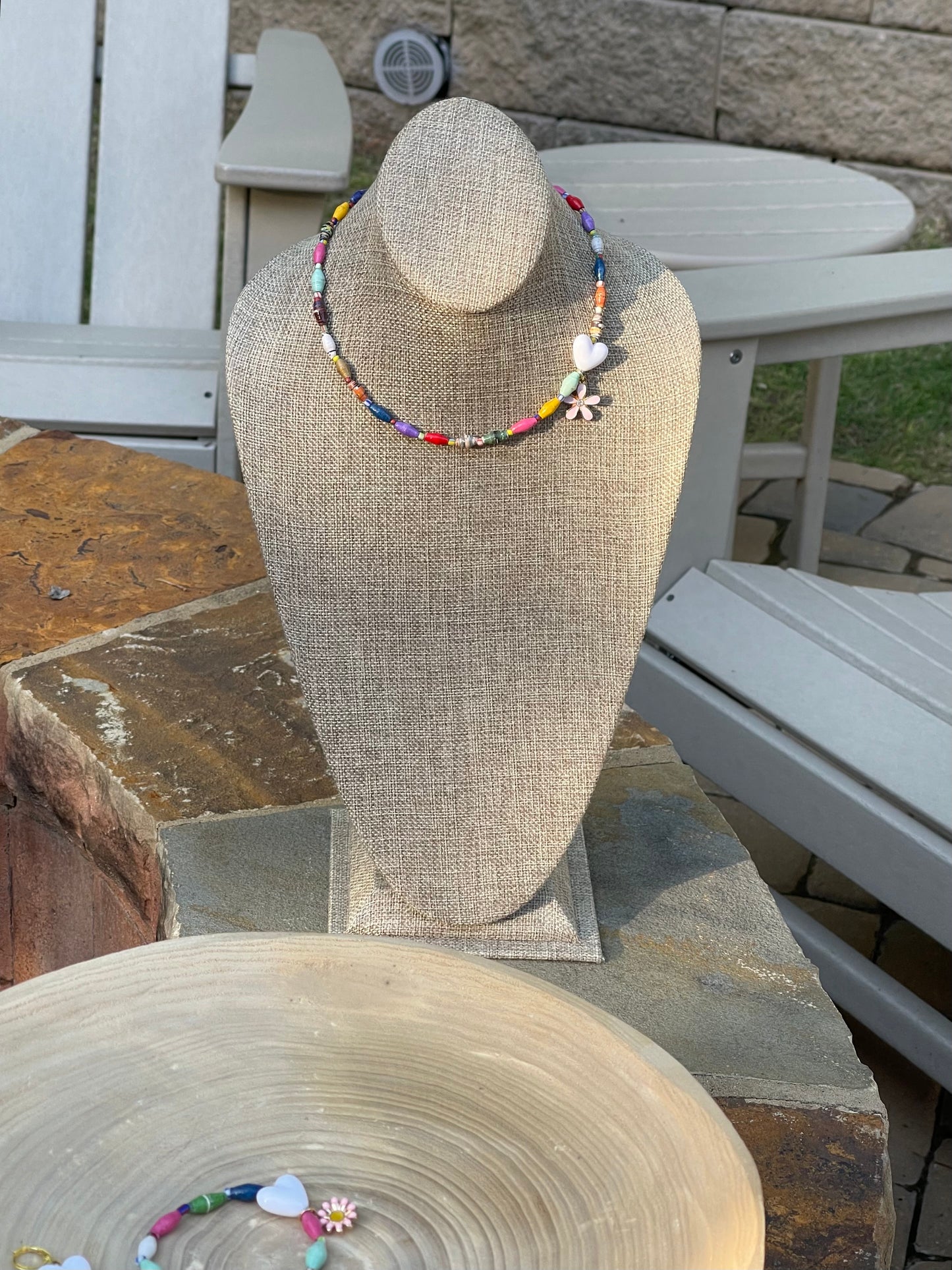Kindred Colors Necklace: Unique beads handmade in Uganda from recycled paper, glass & acrylic accent beads and a brass flower charm