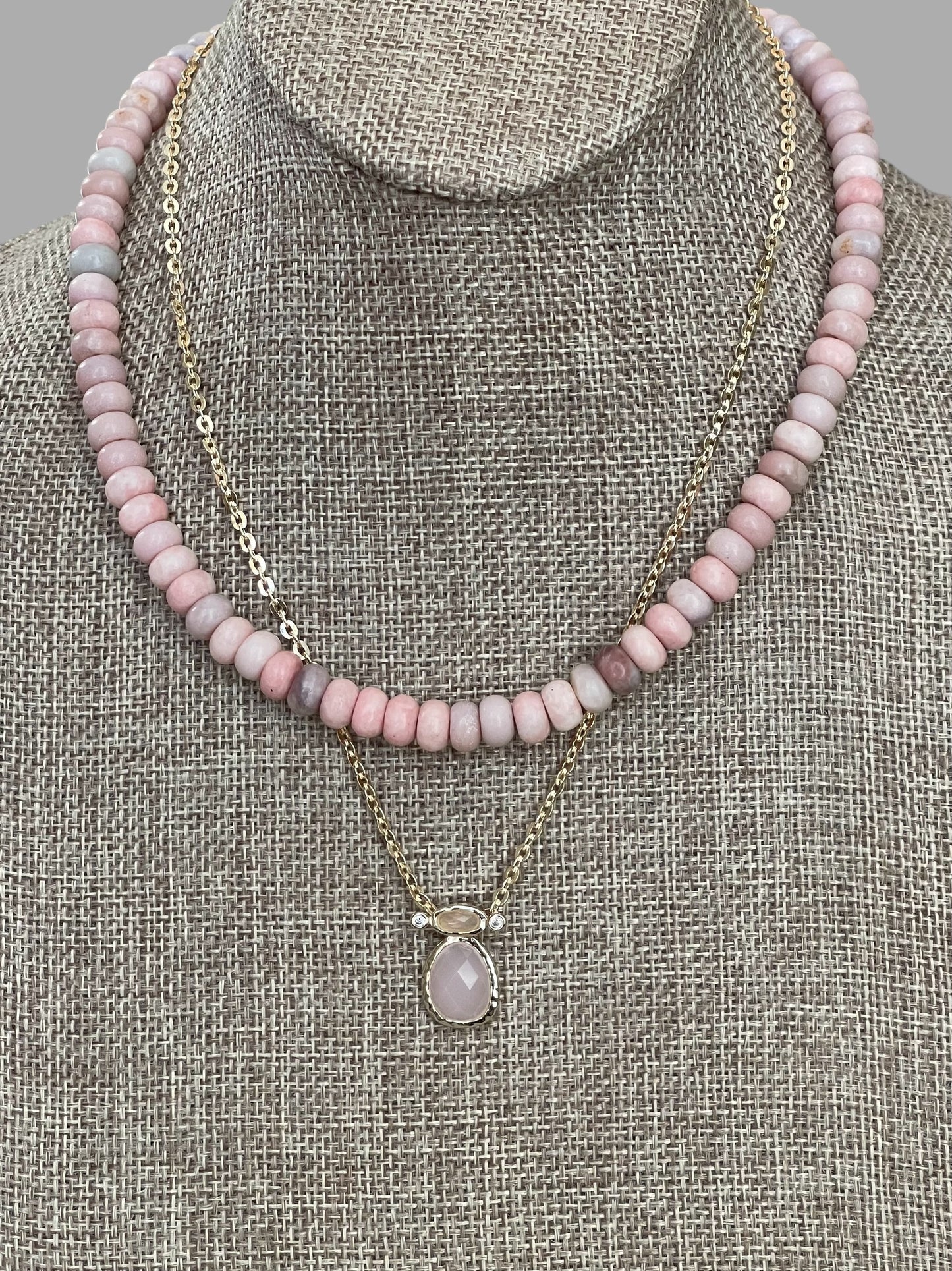 The Chic Pink Set: Matte pink opals with a gold charm holder clasp & a gold filled chain w a pink crystal and CZ charm OOAK