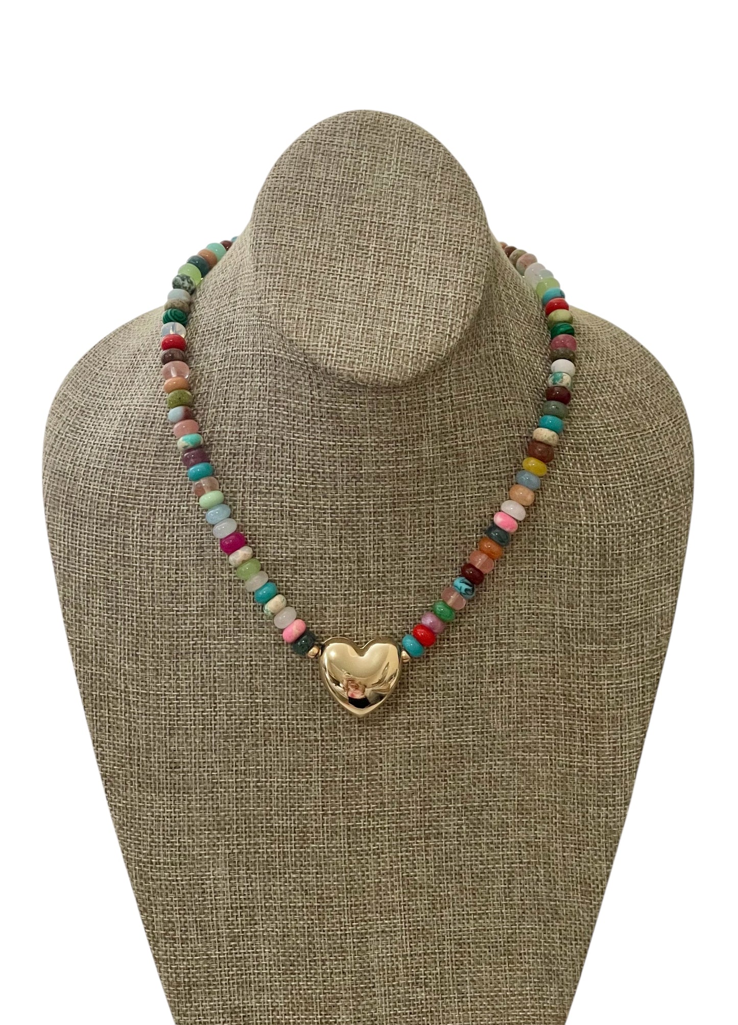 Charming Charlie Necklace: Mixed multi Gemstones providing vibrant colors and versatility Jumbo Gold Heart centerpiece Gold clasp w/ extender OOAK