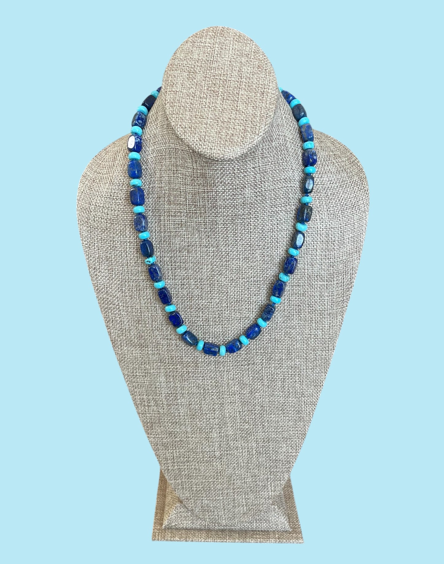 The Catherine Necklace: Gorgeous Lapis Lazuli barrel shaped beads hand knotted on silk w Turquoise accent beads Silver clasp