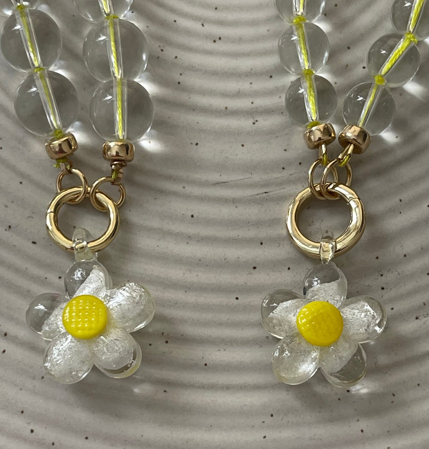 Bright Bubble Necklace: Clear Glass Bubble Beads Handknotted on Neon Yellow Silk Thread Gold Circle Clasp Handmade Glass Daisy Pendants 2 Bead Options: 8mm or 10mm