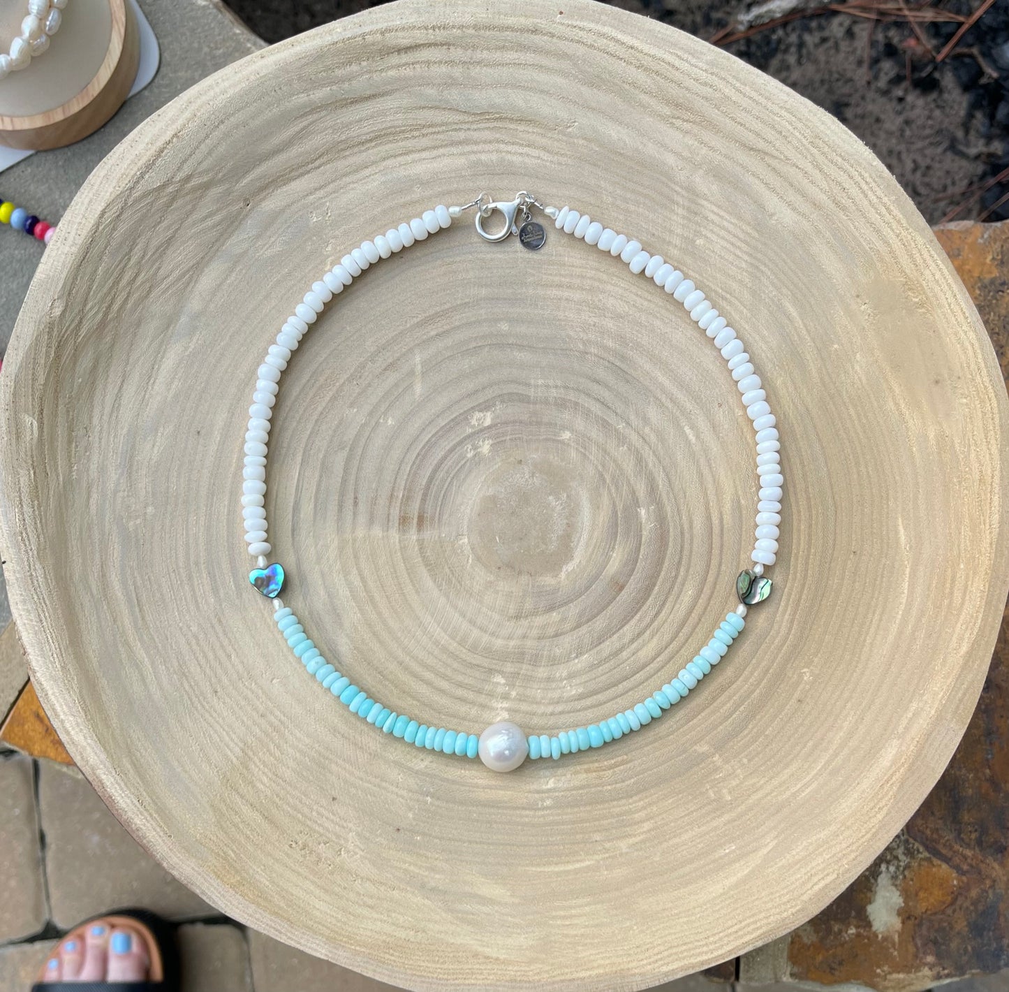 Abalone Hearts Necklace:Peruvian blue &white Opals Abalone shell 🩵 Baroque Pearl OOAK