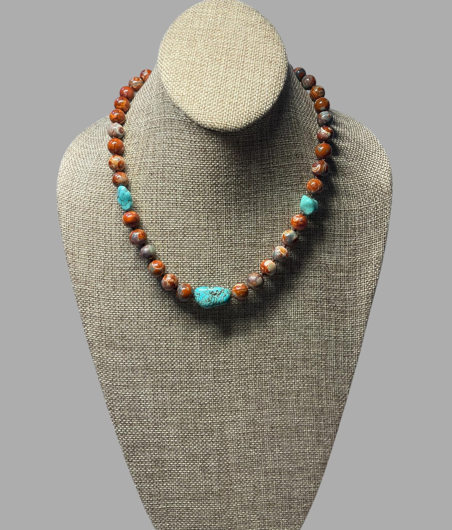 Red Copper & Turquoise Necklace: Hand knotted on brown silk, Natural Agate beads and rustic Turquoise, Gold Toggle clasp OOAK