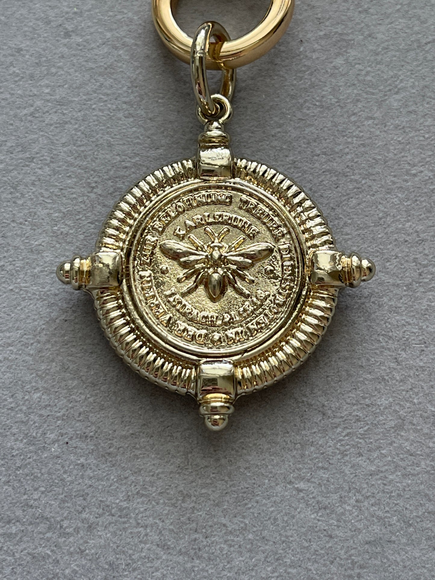 The Skylar Necklace: Sky Blue Opals with a Gold Circle Clasp and French Bee Coin Style Charm OOAK