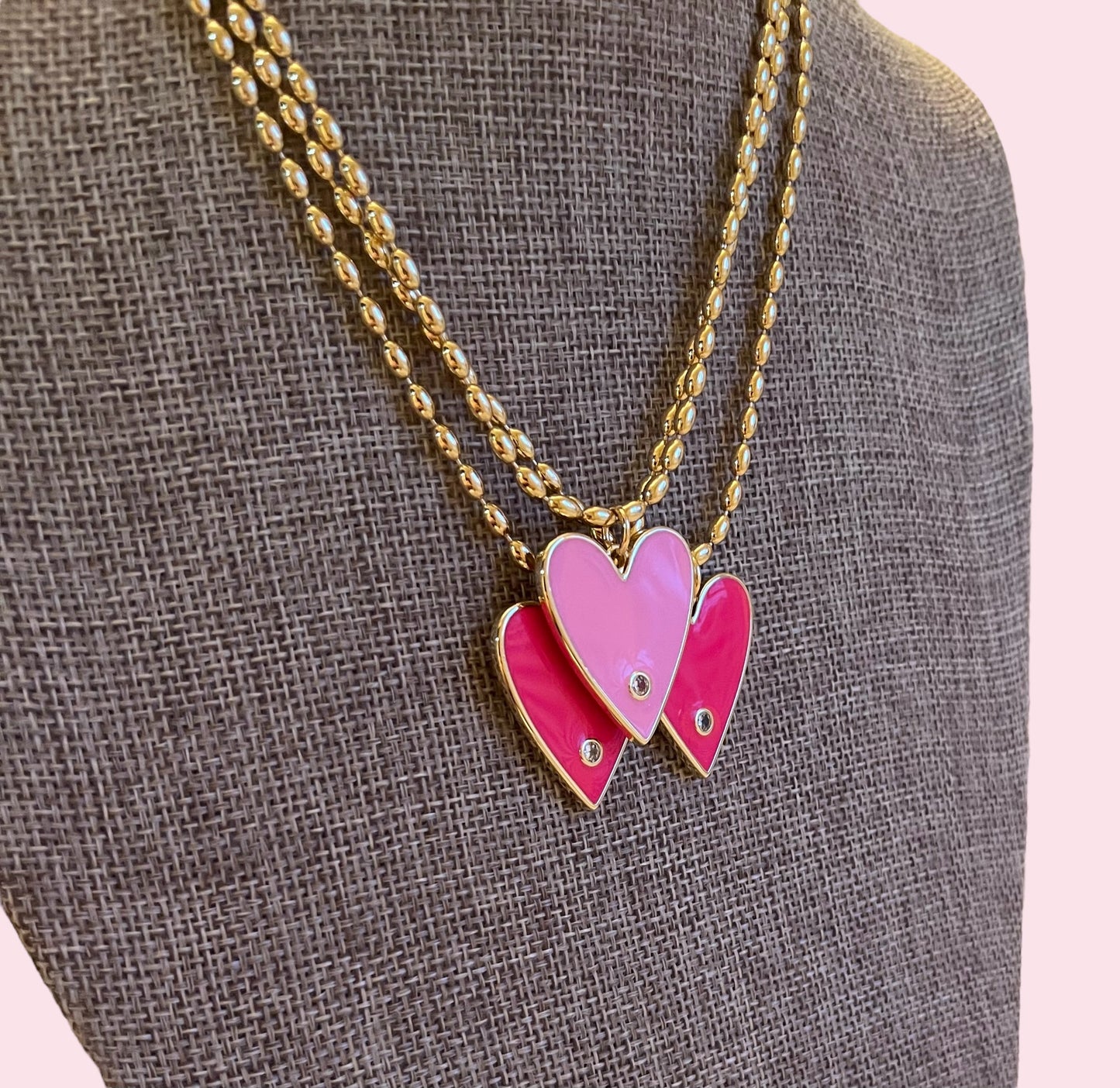 Pretty In Pink Necklaces: Gold chains with perfect pink heart pendants 2 color options
