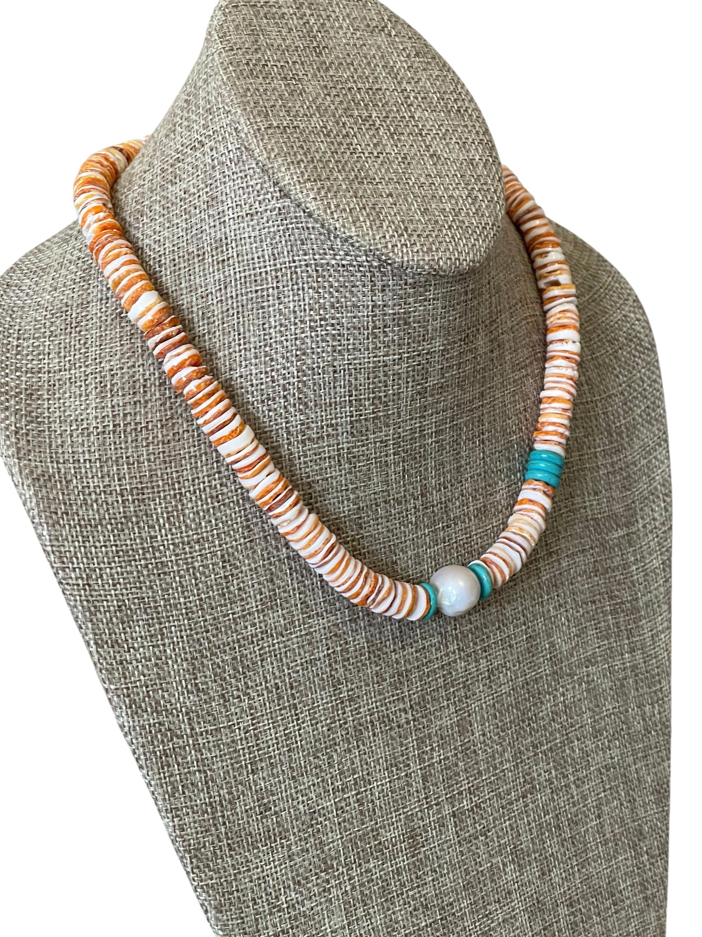 Baja Surf Necklace: Spiny Oyster Shell w Tuquoise (Howlite) and a Baroque Pearl Gold or Silver Clasp