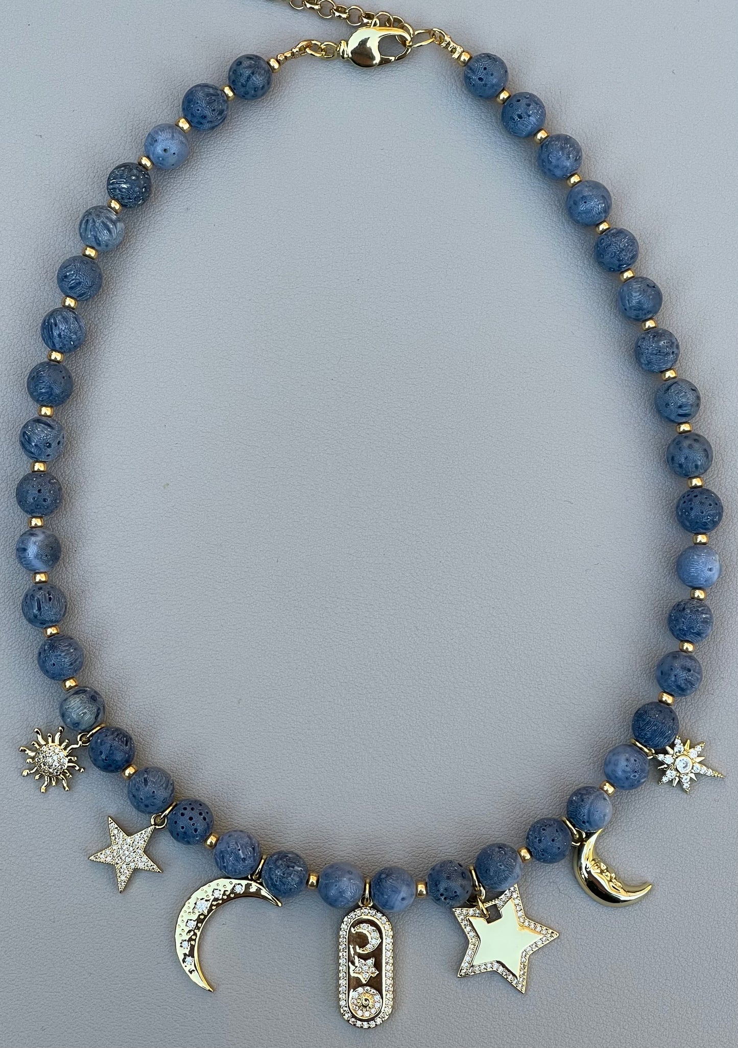 The Celestial Necklace: Indonesian Coral beads perfect for essential oil diffusing, Gold charms with CZ accents