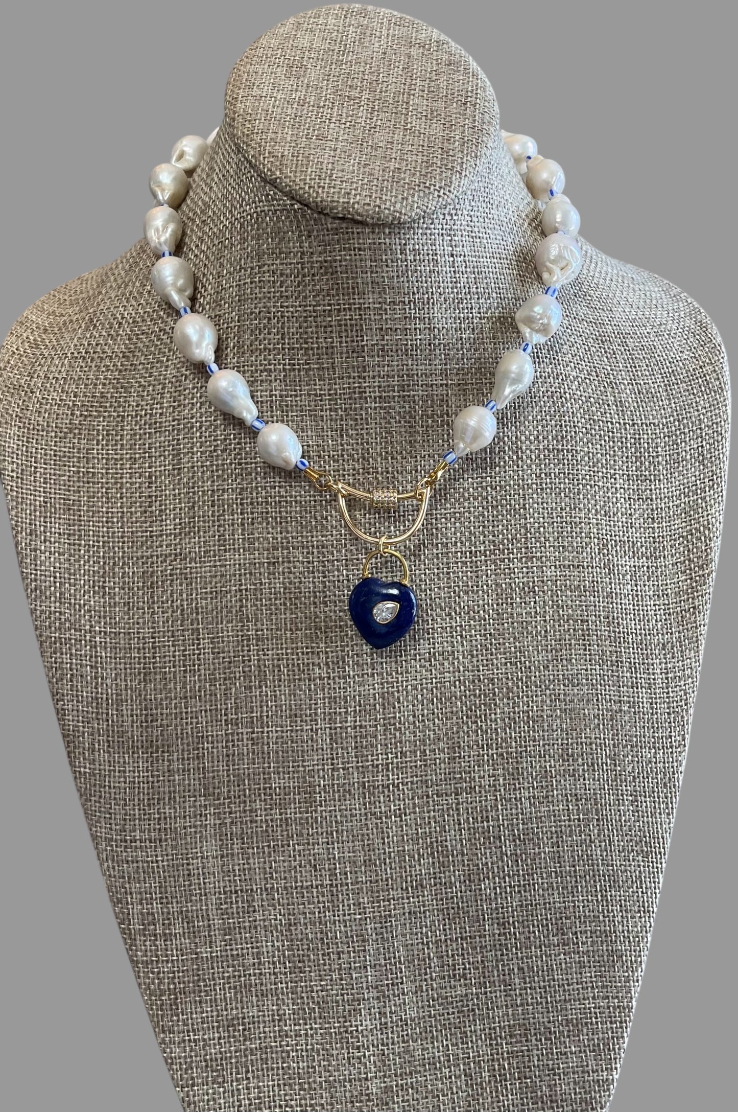 The Gabrielle Necklace: High Quality Baroque Pearls, Blue accent beads and a Lapis Lazuli Heart Pendant OOAK
