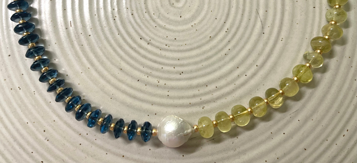 Lemon London Necklace: Lemon Quartz and London Blue Topaz Gemstone Beads Gold Accents Baroque Pearl Center OOAK
