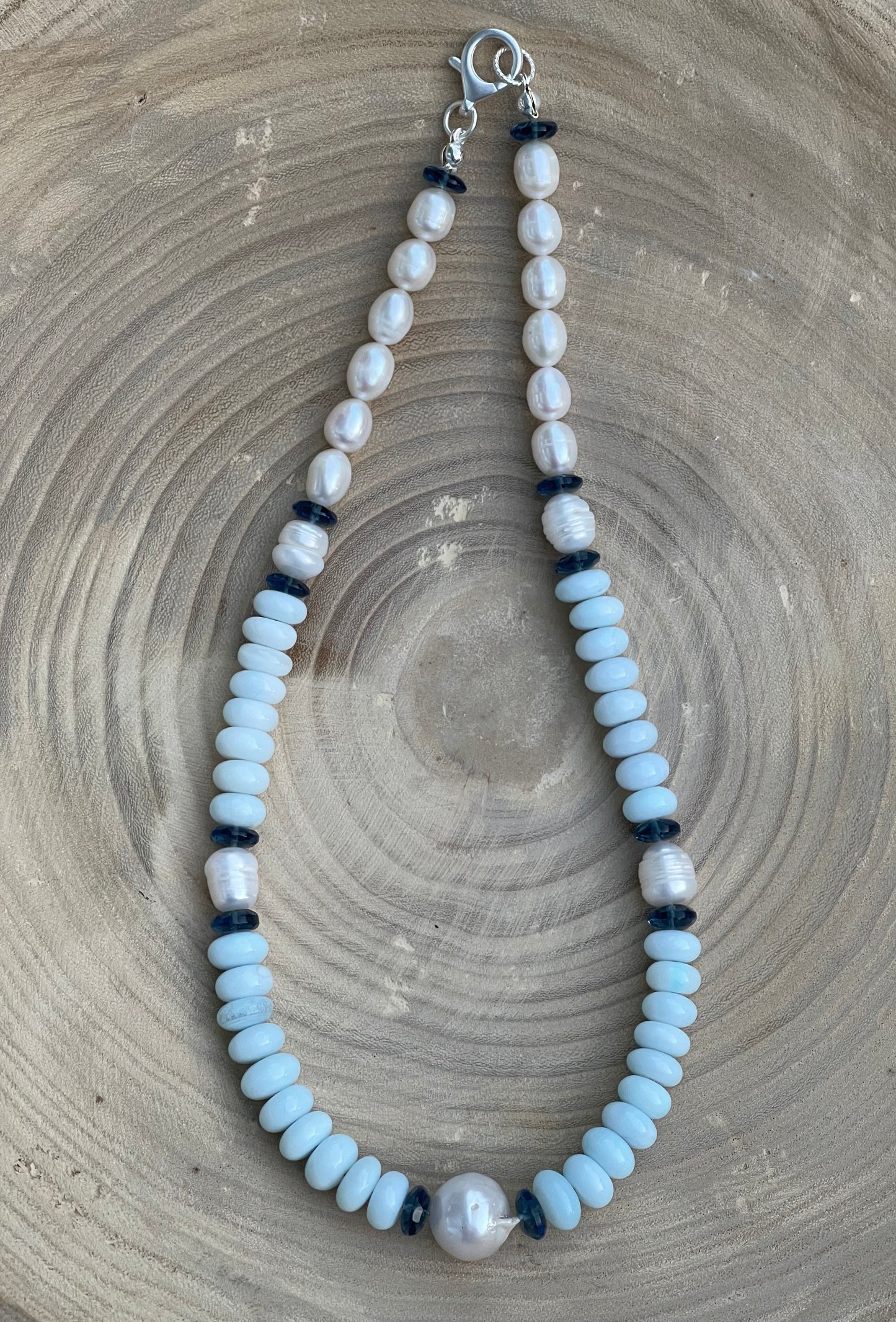 Coastal Charm Necklace OOAK: Pale blue opals AAA quality pearls London blue topaz Brushed silver clasp
