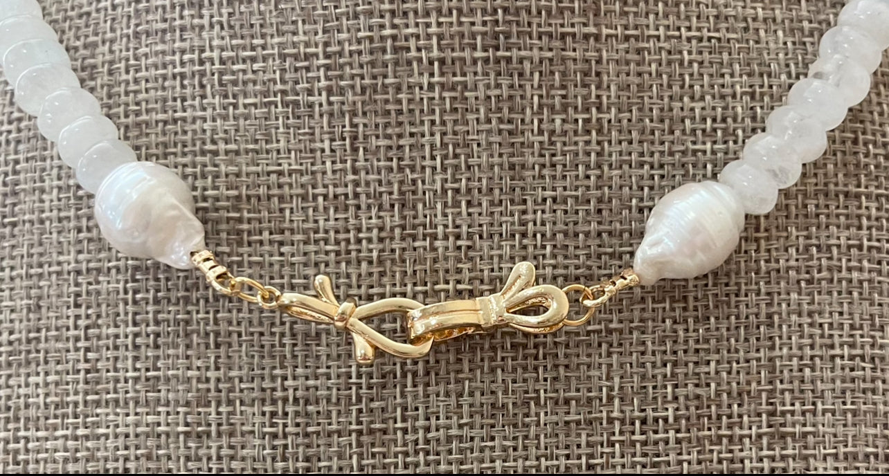 Bijou de Lune Necklace: High quality Moonstone beads, Baroque Pearls and a double bow gold clasp Wear 3 different ways OOAK