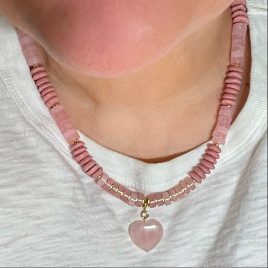 Blush Pink Rose Ashanti Necklace: African Ashanti glass saucer beads mixed with Rose Quartz beads and Rose Quartz heart pendant Brass/old accents OOAK