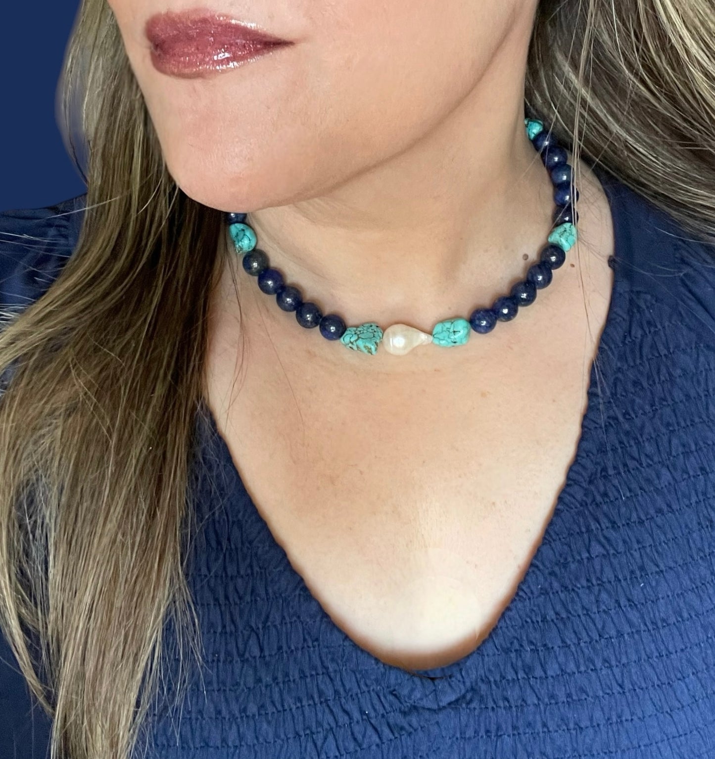 Deep Sea Muse: AAA quality Lapis Lazuli beads with Turquoise and a freshwater baroque pearl center OOAK