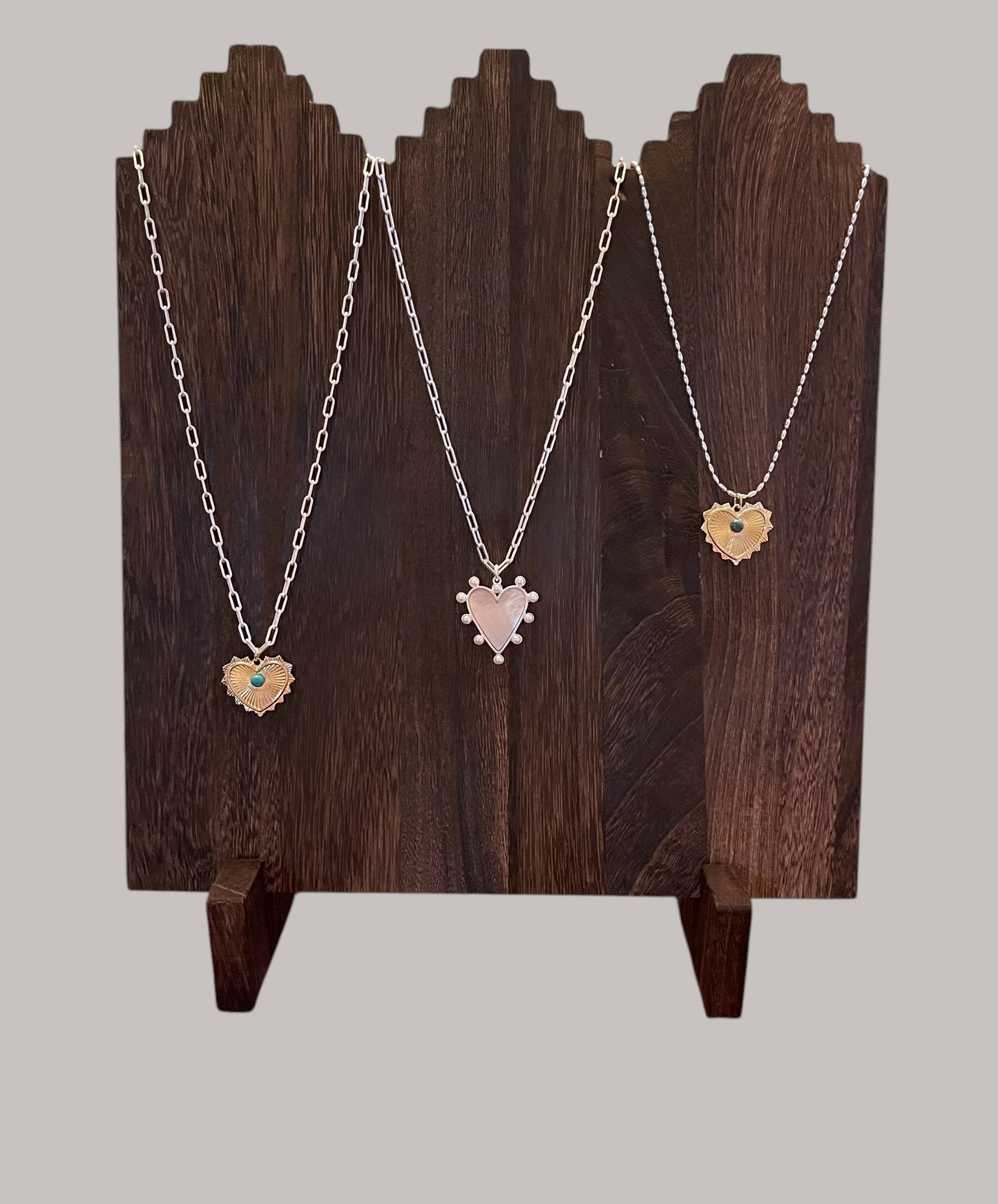The Sierra Necklace: OOAK Sterling Silver rice shaped chain with a gold heart pendant sporting a genuine turquoise stone centerpiece