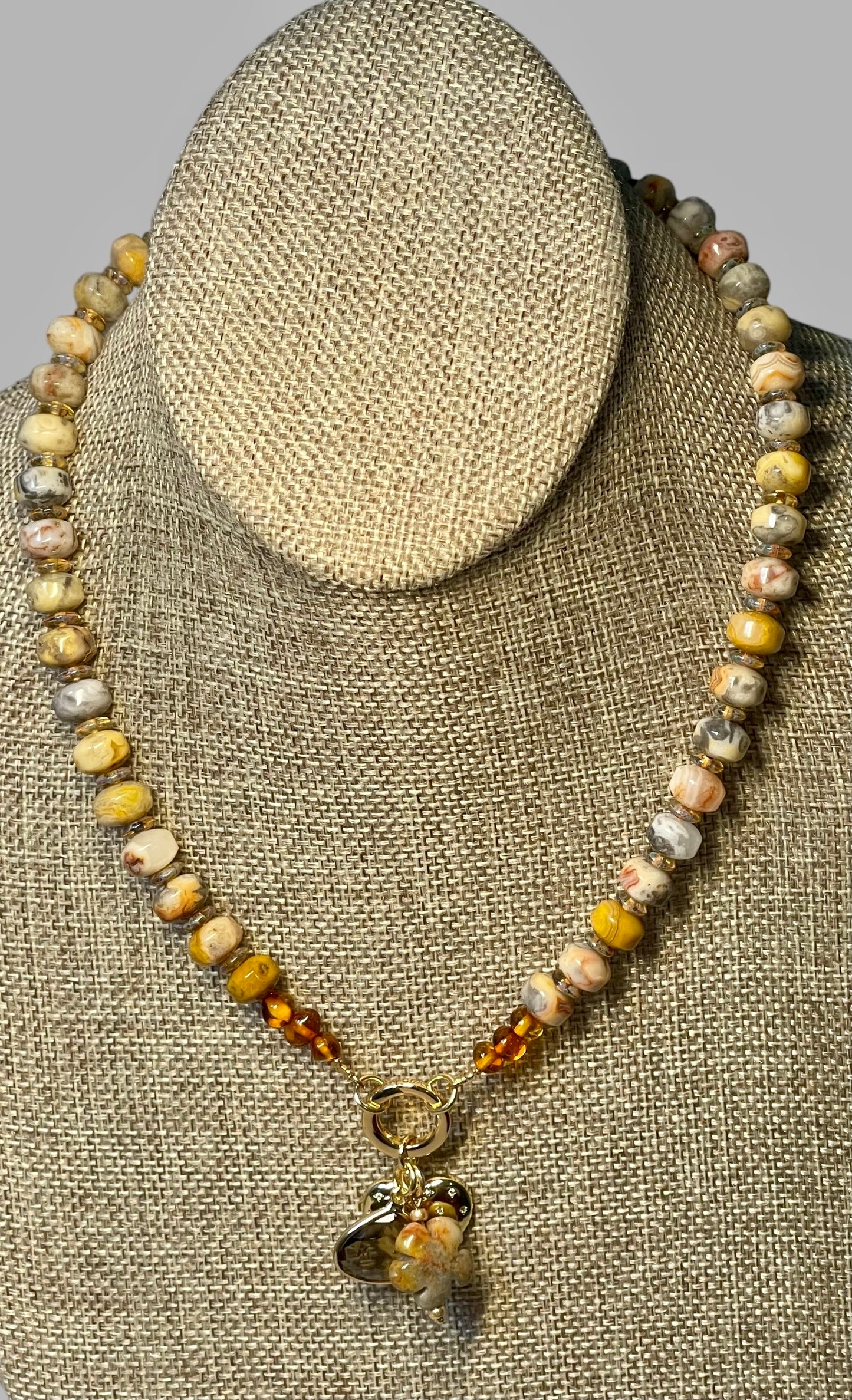 Autumn’s Embrace Necklace: Crazy Lace Agate natural stones in warm tones, Accented w Czech glass, Baltic stones and Gold charms