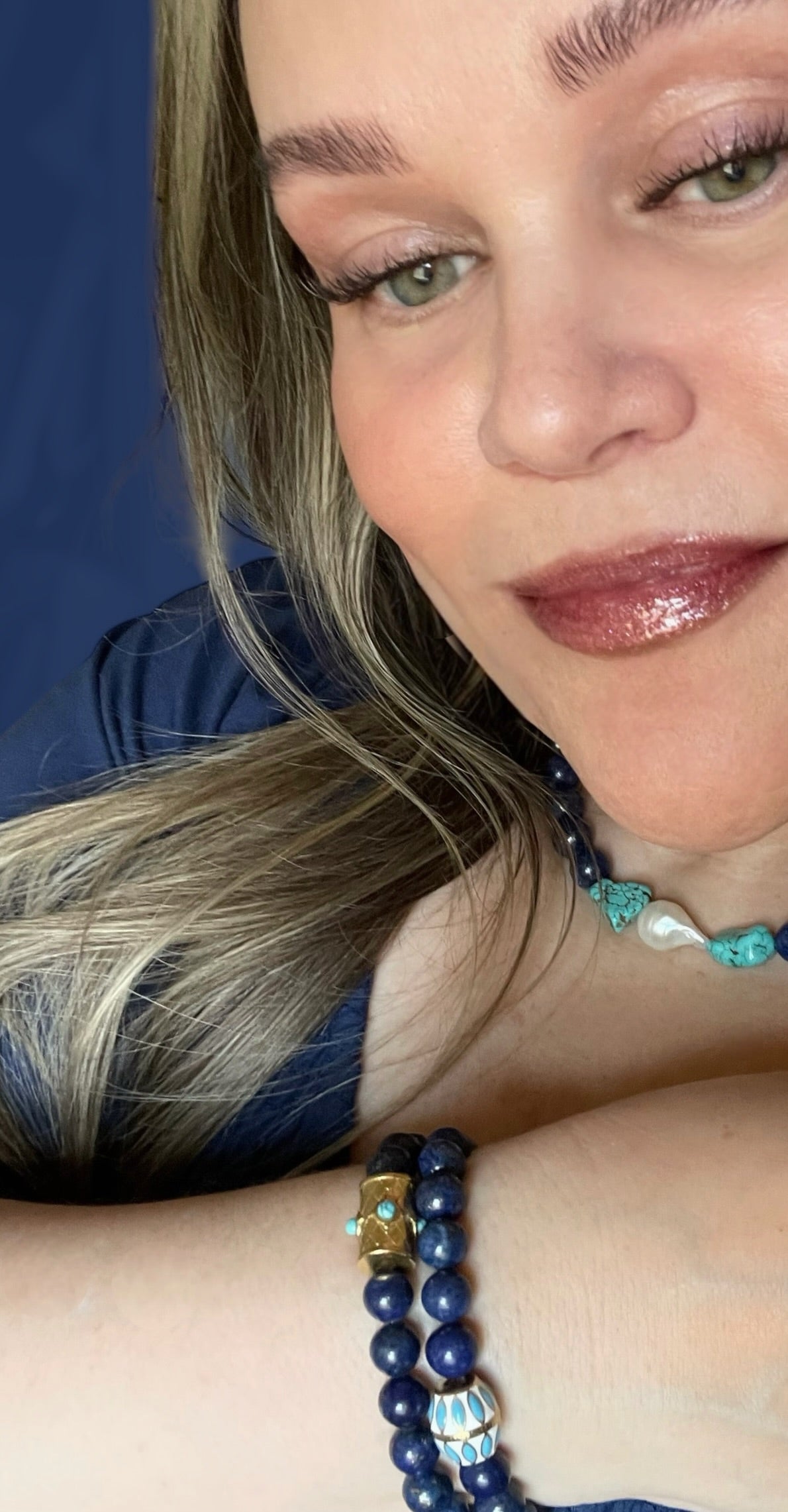 Deep Sea Muse: AAA quality Lapis Lazuli beads with Turquoise and a freshwater baroque pearl center OOAK