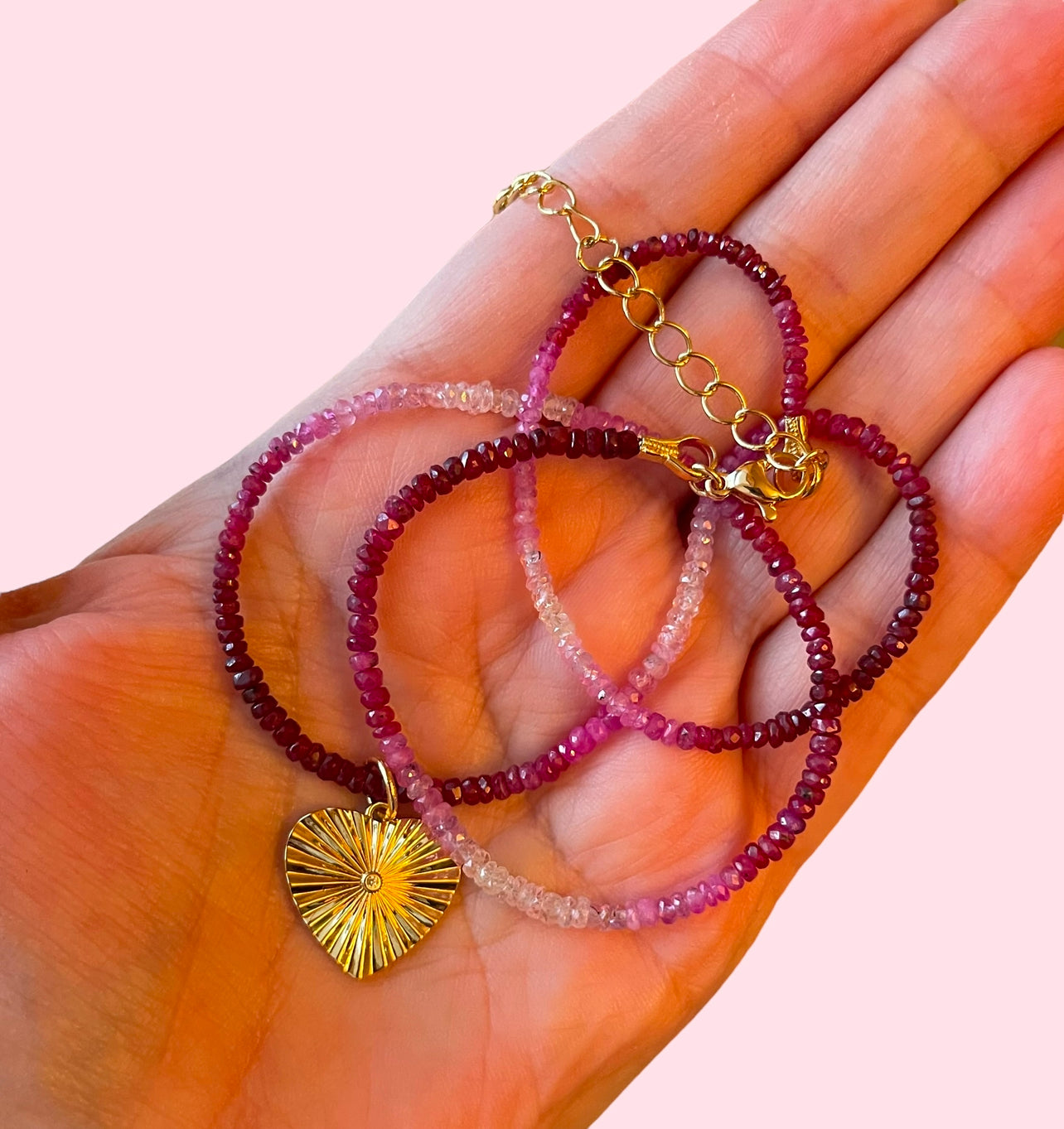 Gradient Ruby Necklace: Natural authentic Ruby gemstone necklace w/ gold heart charm and gold filled lobster clasp OOAK