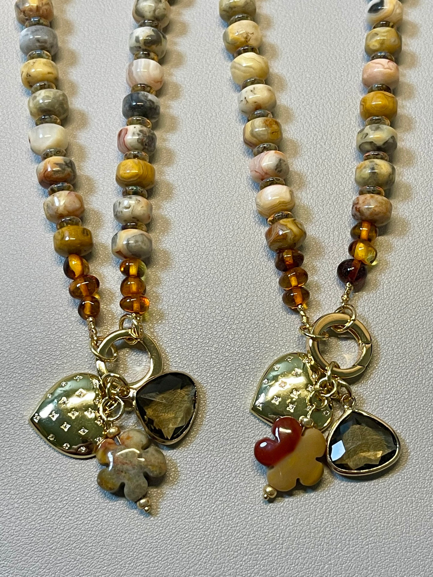 Autumn’s Embrace Necklace: Crazy Lace Agate natural stones in warm tones, Accented w Czech glass, Baltic stones and Gold charms