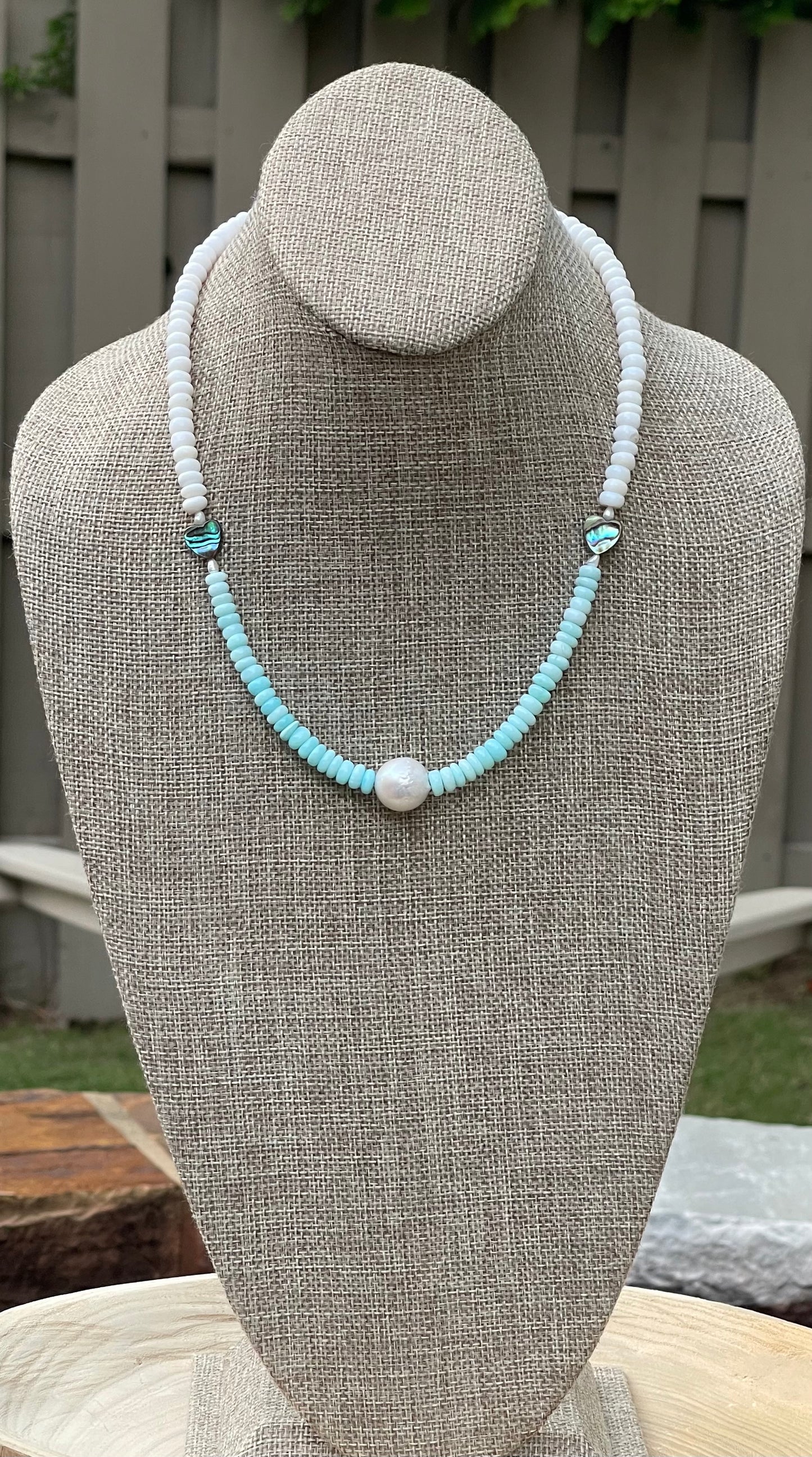 Abalone Hearts Necklace:Peruvian blue &white Opals Abalone shell 🩵 Baroque Pearl OOAK