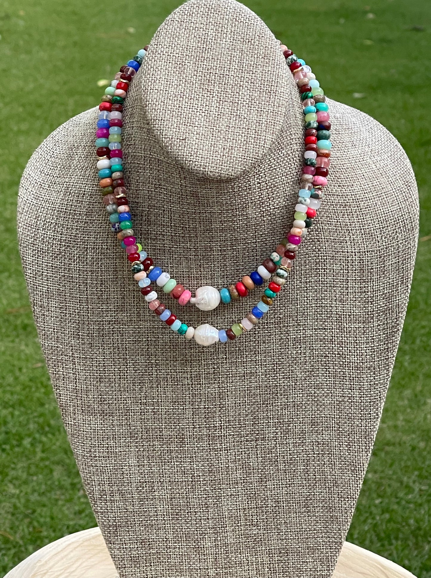 Joie Necklace: Colorful Mix of Natural Gemstones Gold Accent Beads and a Freshwater Baroque Pearl 2 Bead Size Options 6mm or 8mm