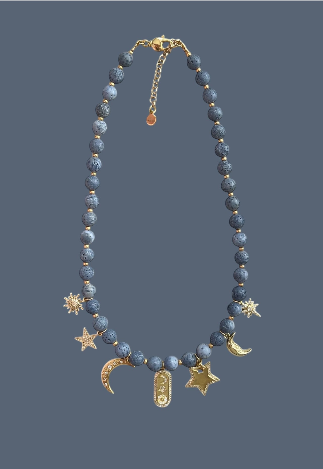 The Celestial Necklace: Indonesian Coral beads perfect for essential oil diffusing, Gold charms with CZ accents