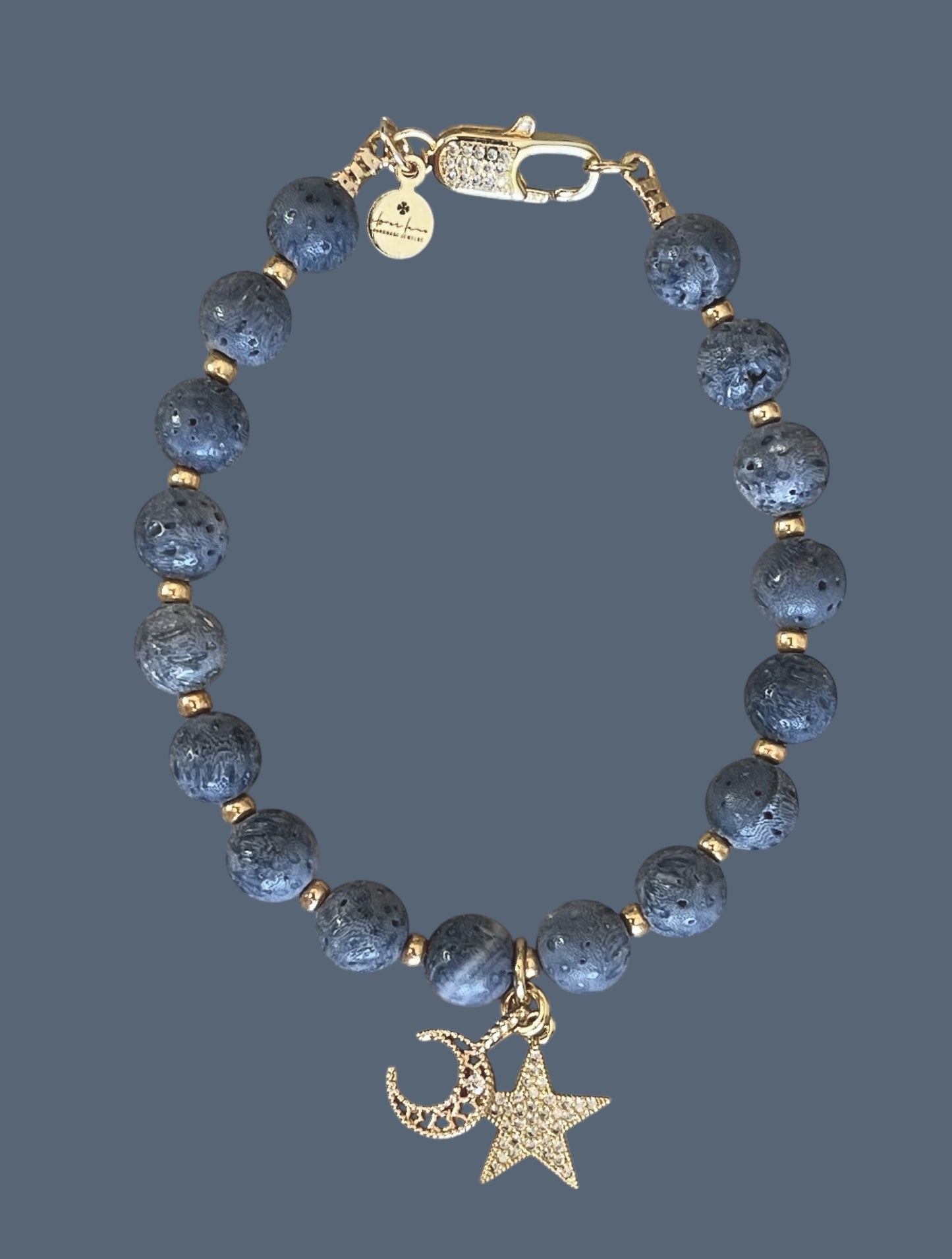The Celestial Bracelet: Indonesian Coral beads perfect for essential oil diffusing, Gold charms with CZ accents