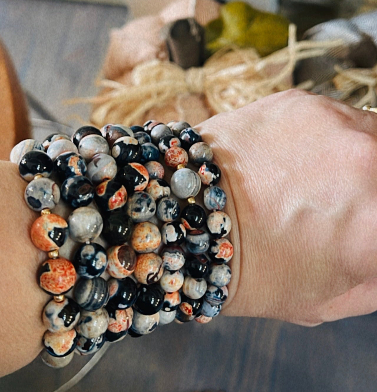Black & Orange Fire Agate Natural Stone Stretch Bracelet 10mm & 8mm