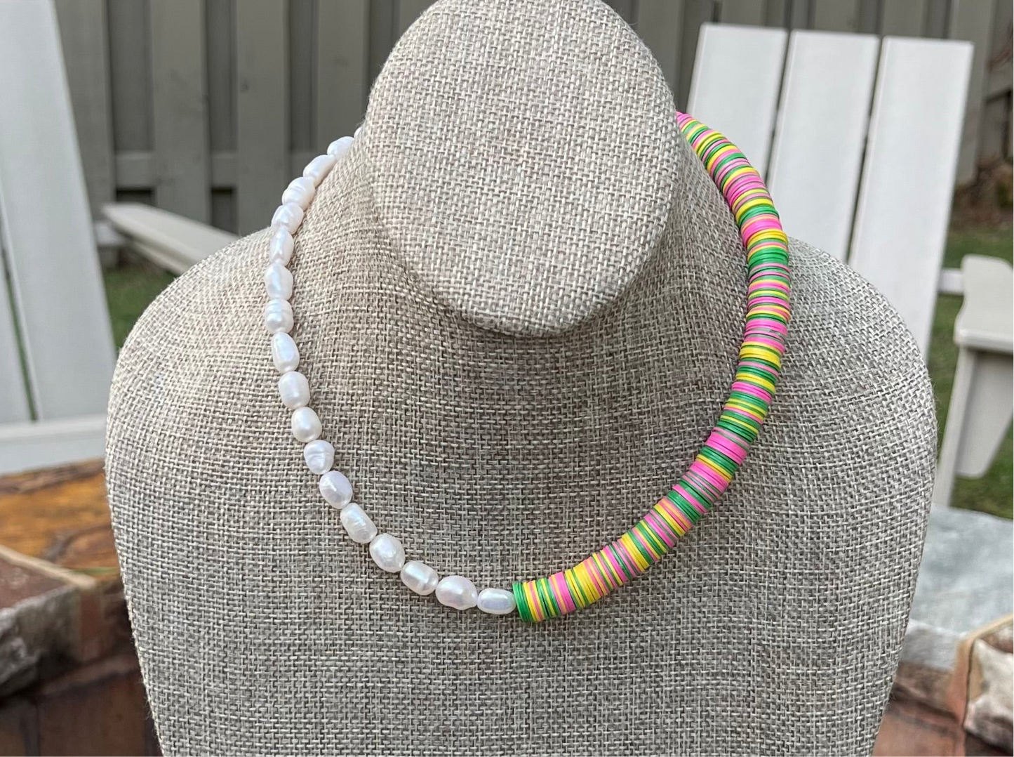 Double Take Necklace: Freshwater Pearls Meet Fun Bright Phono Vinyl Beads Gold Clasp & Extender