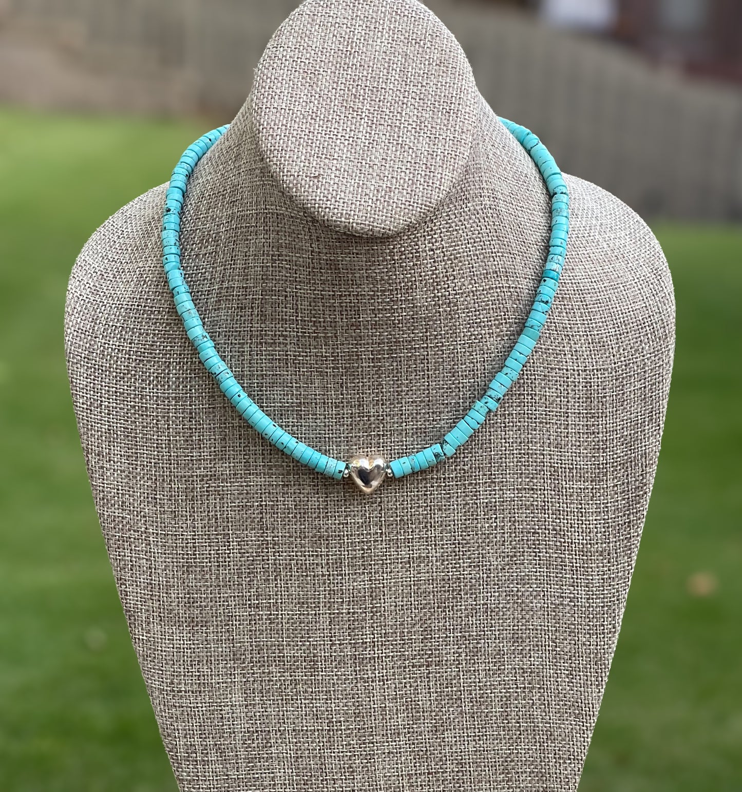 The Wynona Necklace: Stabilized Kingman Turquoise Heishi beads Sterling Silver center heart OOAK
